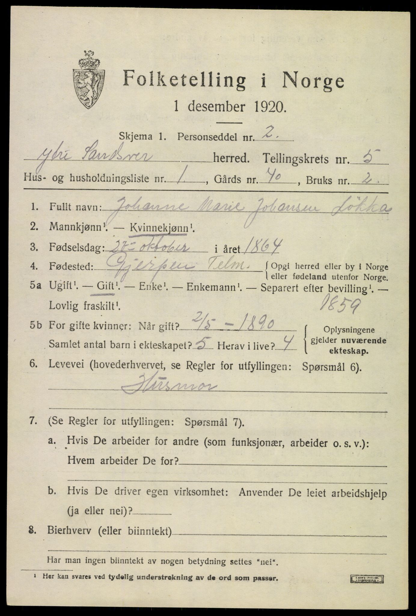 SAKO, 1920 census for Ytre Sandsvær, 1920, p. 4532