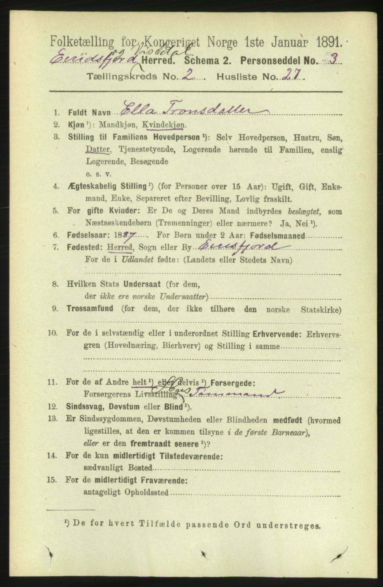 RA, 1891 census for 1542 Eresfjord og Vistdal, 1891, p. 484