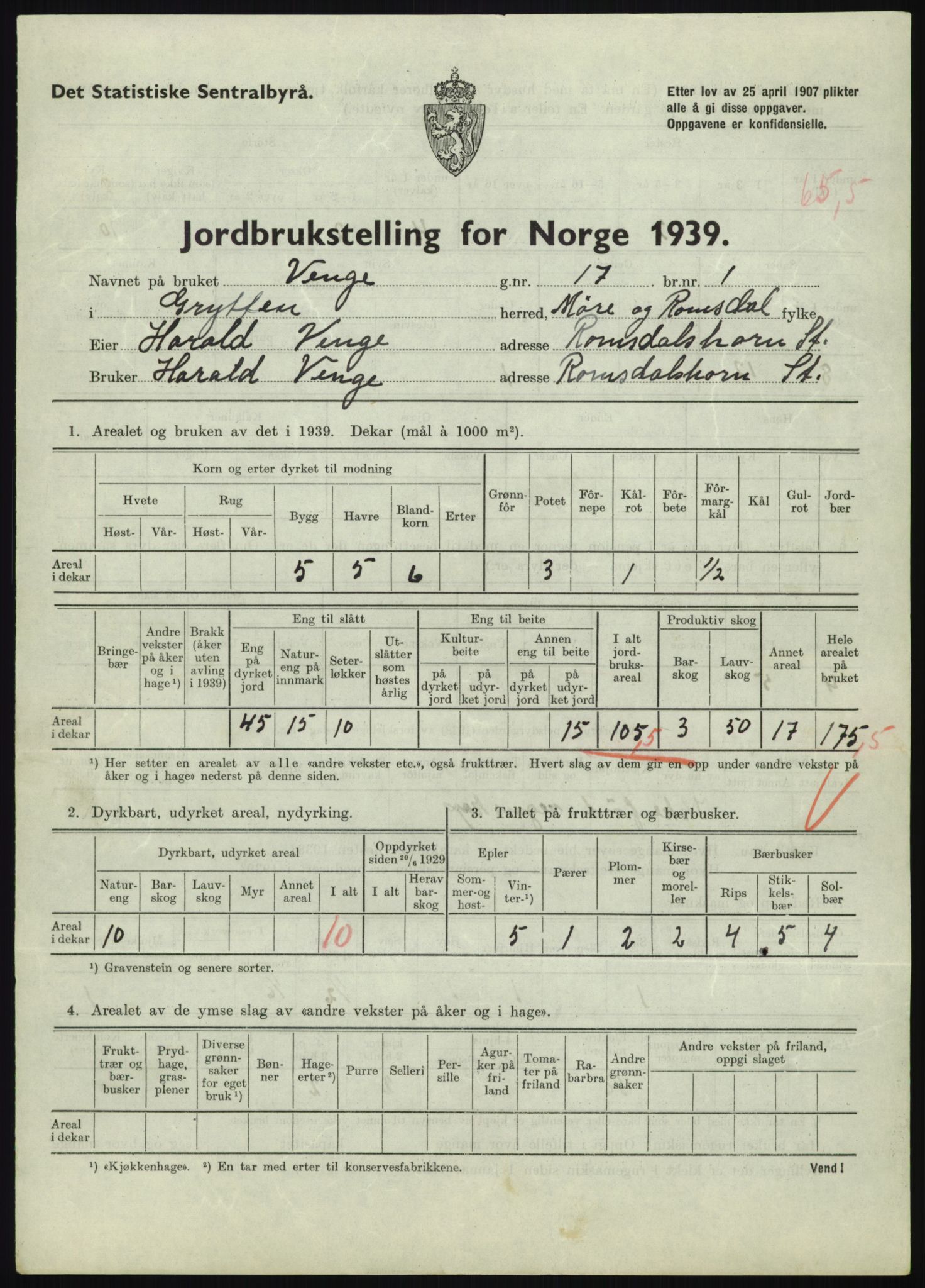Statistisk sentralbyrå, Næringsøkonomiske emner, Jordbruk, skogbruk, jakt, fiske og fangst, AV/RA-S-2234/G/Gb/L0251: Møre og Romsdal: Voll, Eid, Grytten og Hen, 1939, p. 889