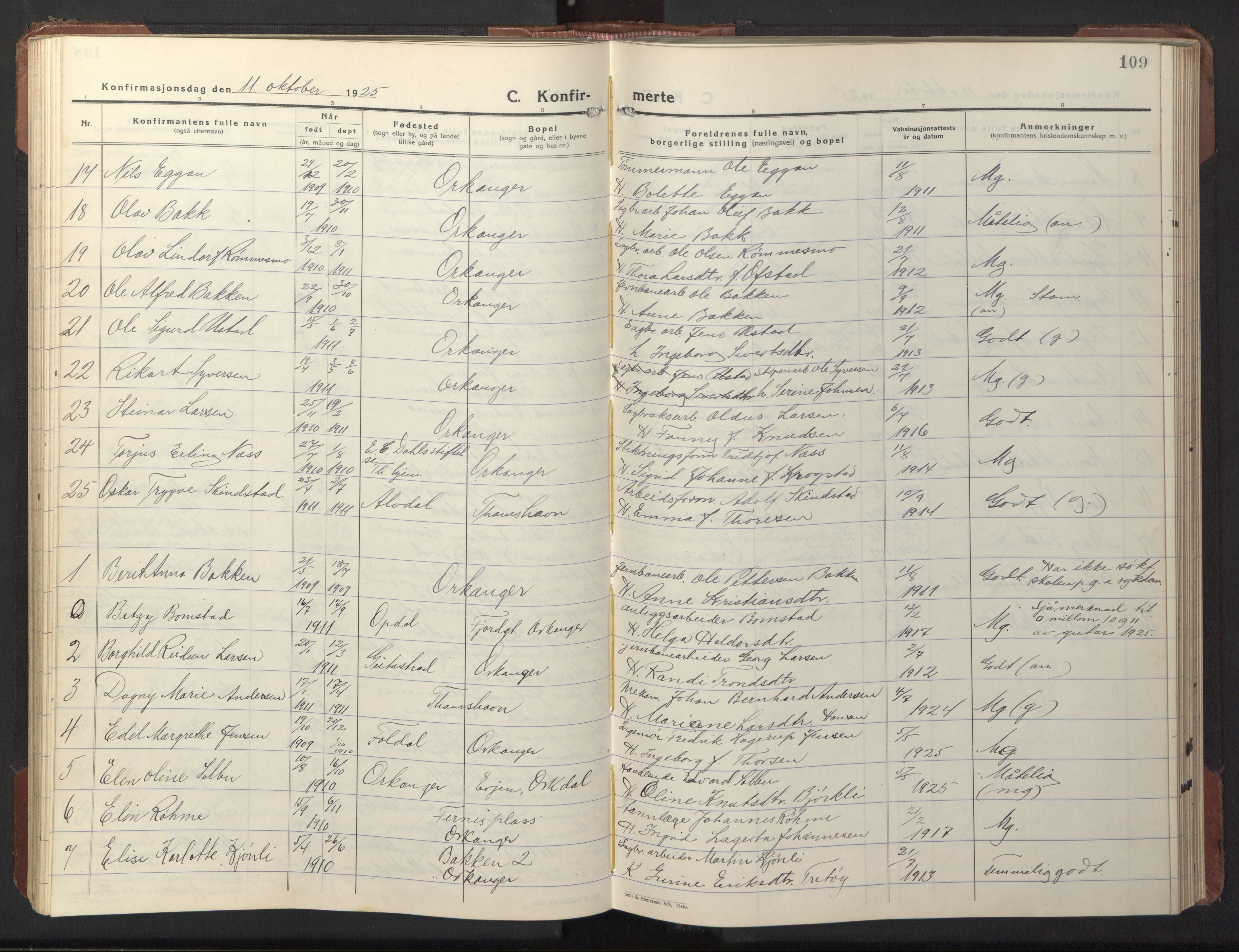 Ministerialprotokoller, klokkerbøker og fødselsregistre - Sør-Trøndelag, SAT/A-1456/669/L0832: Parish register (copy) no. 669C02, 1925-1953, p. 109