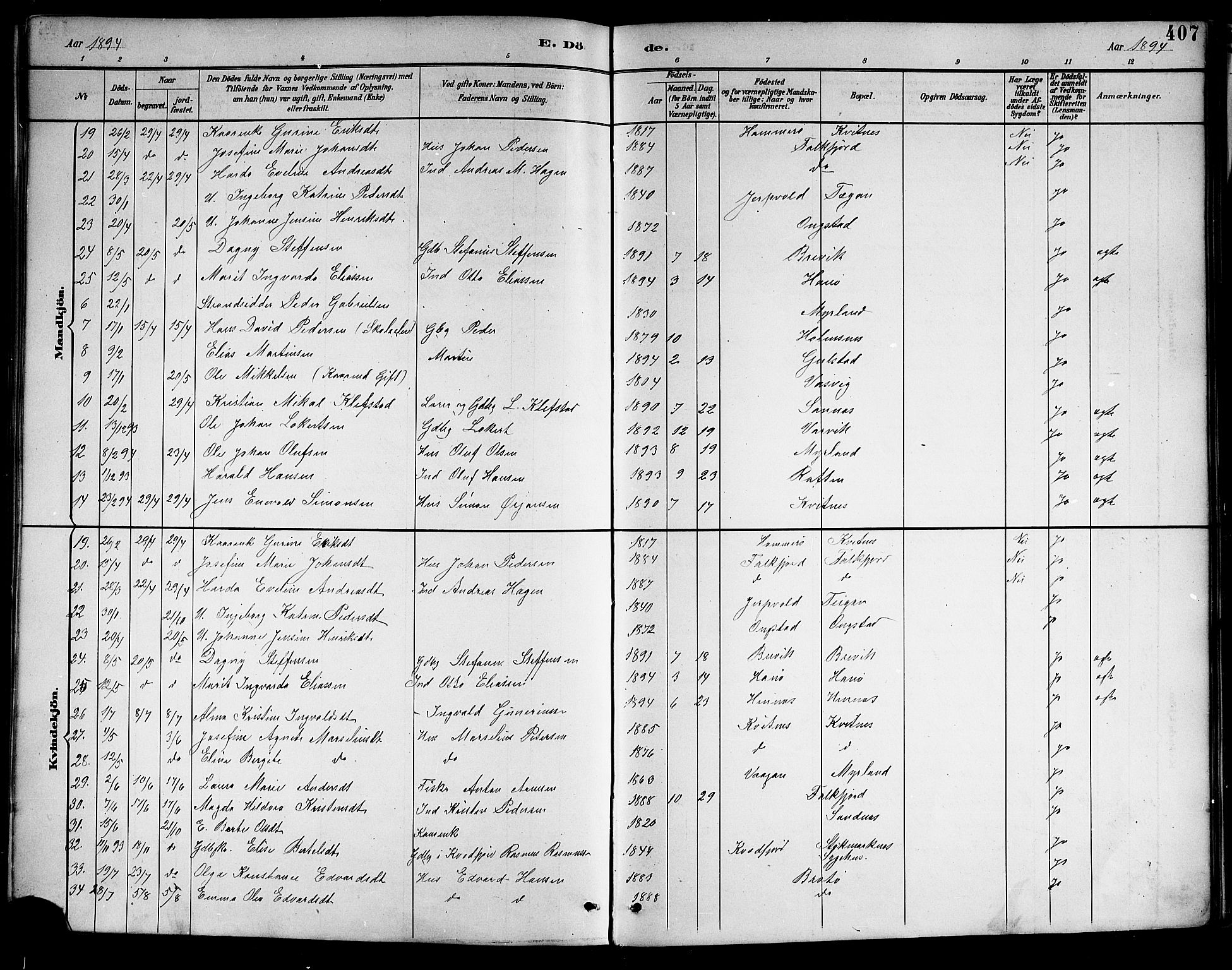 Ministerialprotokoller, klokkerbøker og fødselsregistre - Nordland, AV/SAT-A-1459/888/L1268: Parish register (copy) no. 888C06, 1891-1908, p. 407