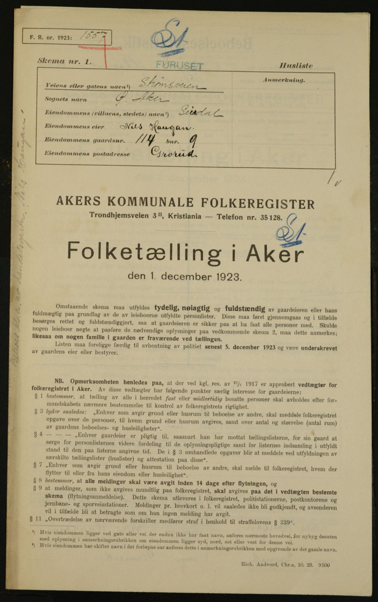 , Municipal Census 1923 for Aker, 1923, p. 32323