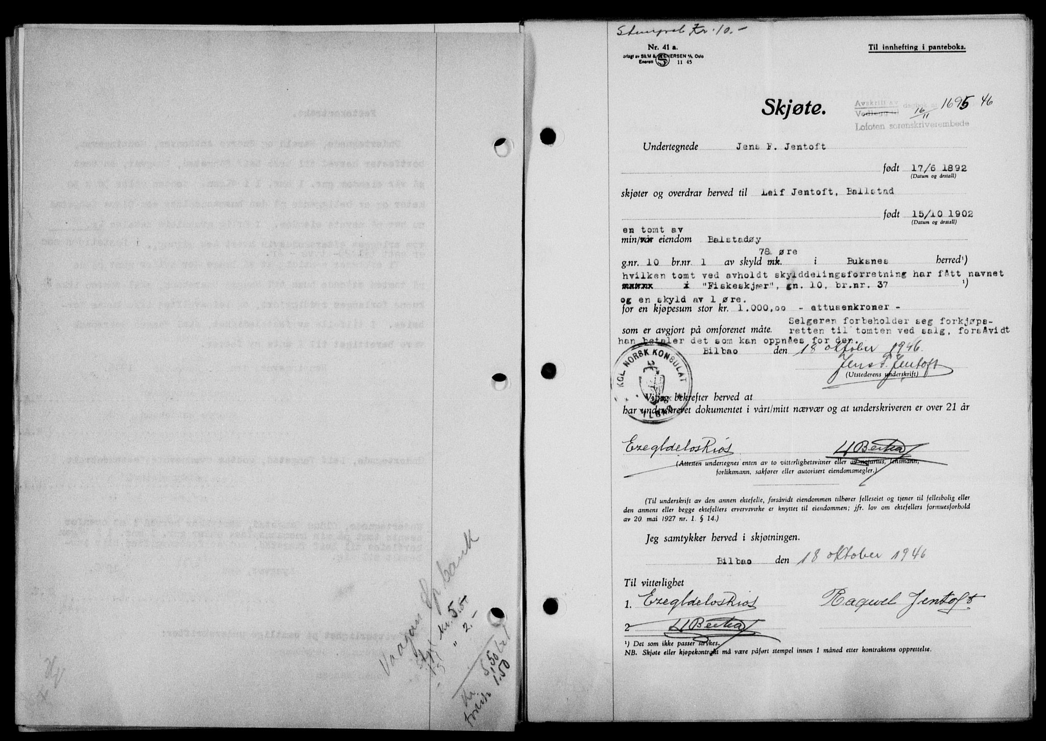 Lofoten sorenskriveri, SAT/A-0017/1/2/2C/L0015a: Mortgage book no. 15a, 1946-1947, Diary no: : 1695/1946