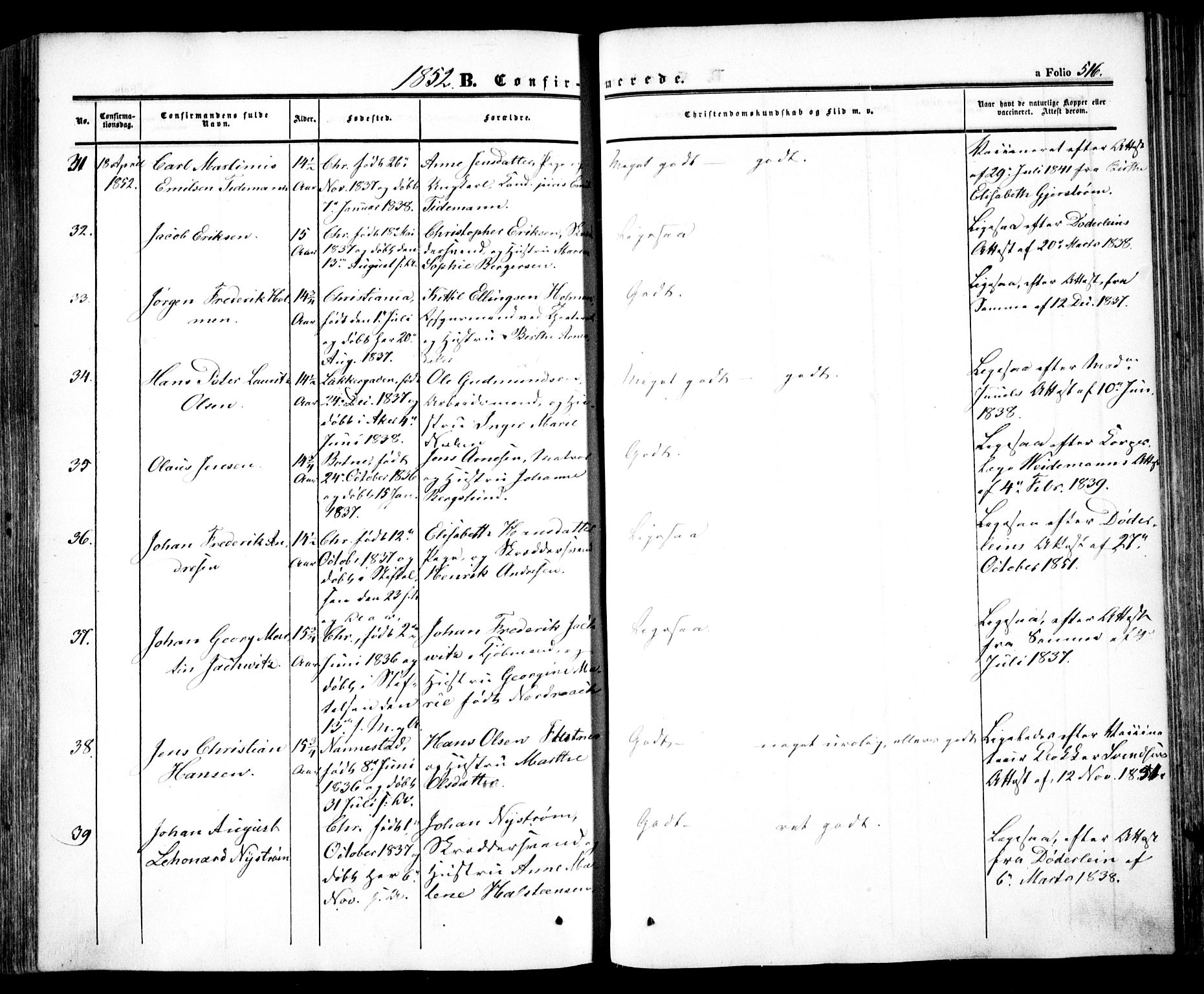 Oslo domkirke Kirkebøker, AV/SAO-A-10752/F/Fa/L0013: Parish register (official) no. 13, 1844-1864, p. 516