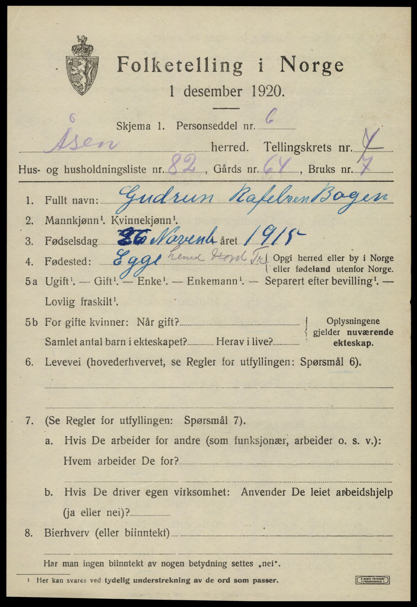 SAT, 1920 census for Åsen, 1920, p. 4006