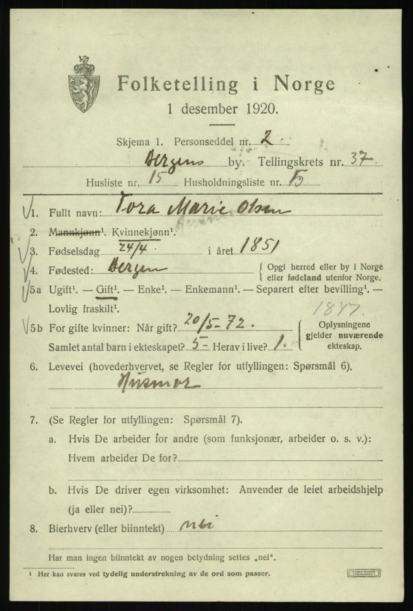 SAB, 1920 census for Bergen, 1920, p. 104388