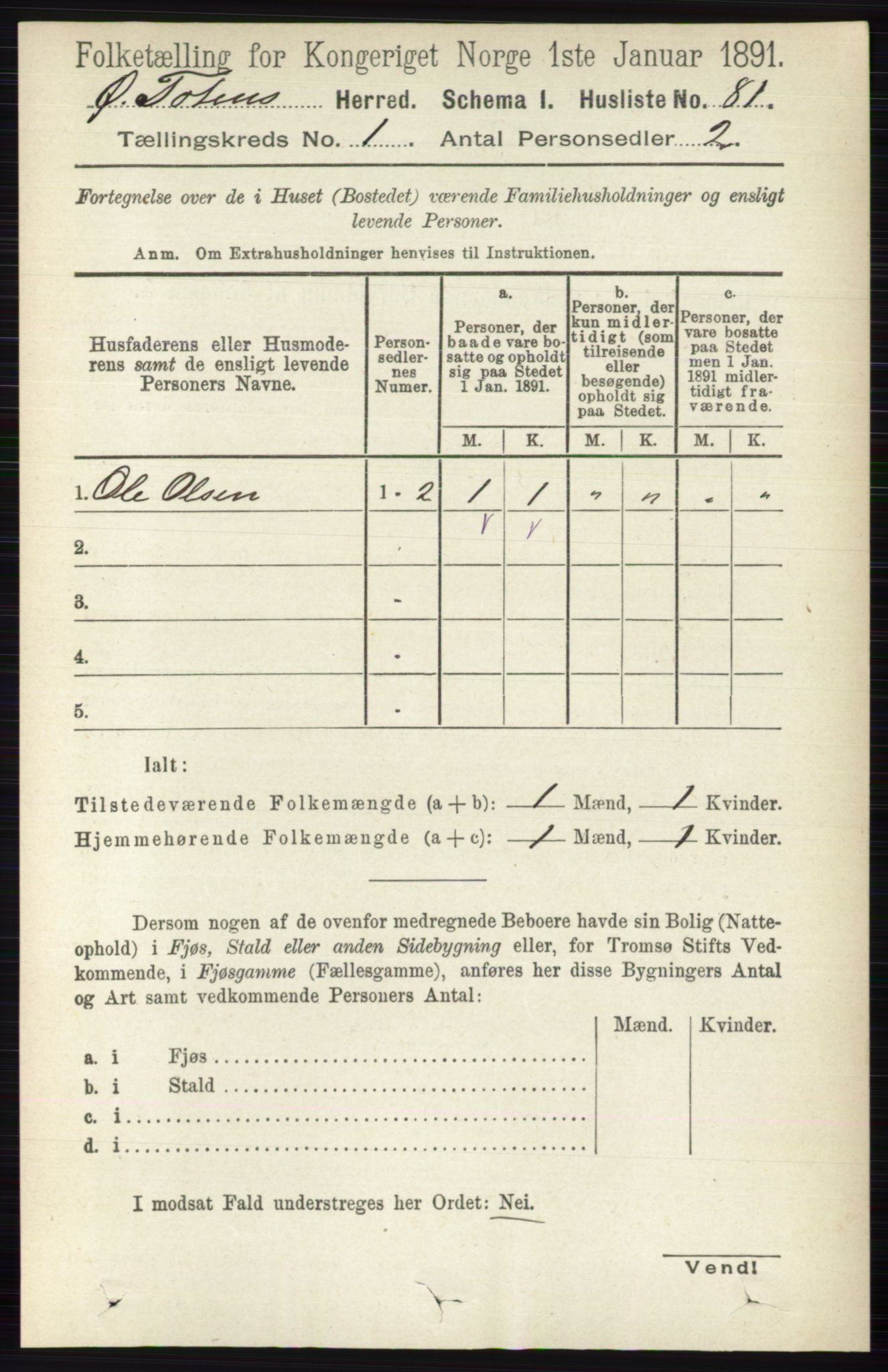 RA, 1891 census for 0528 Østre Toten, 1891, p. 134