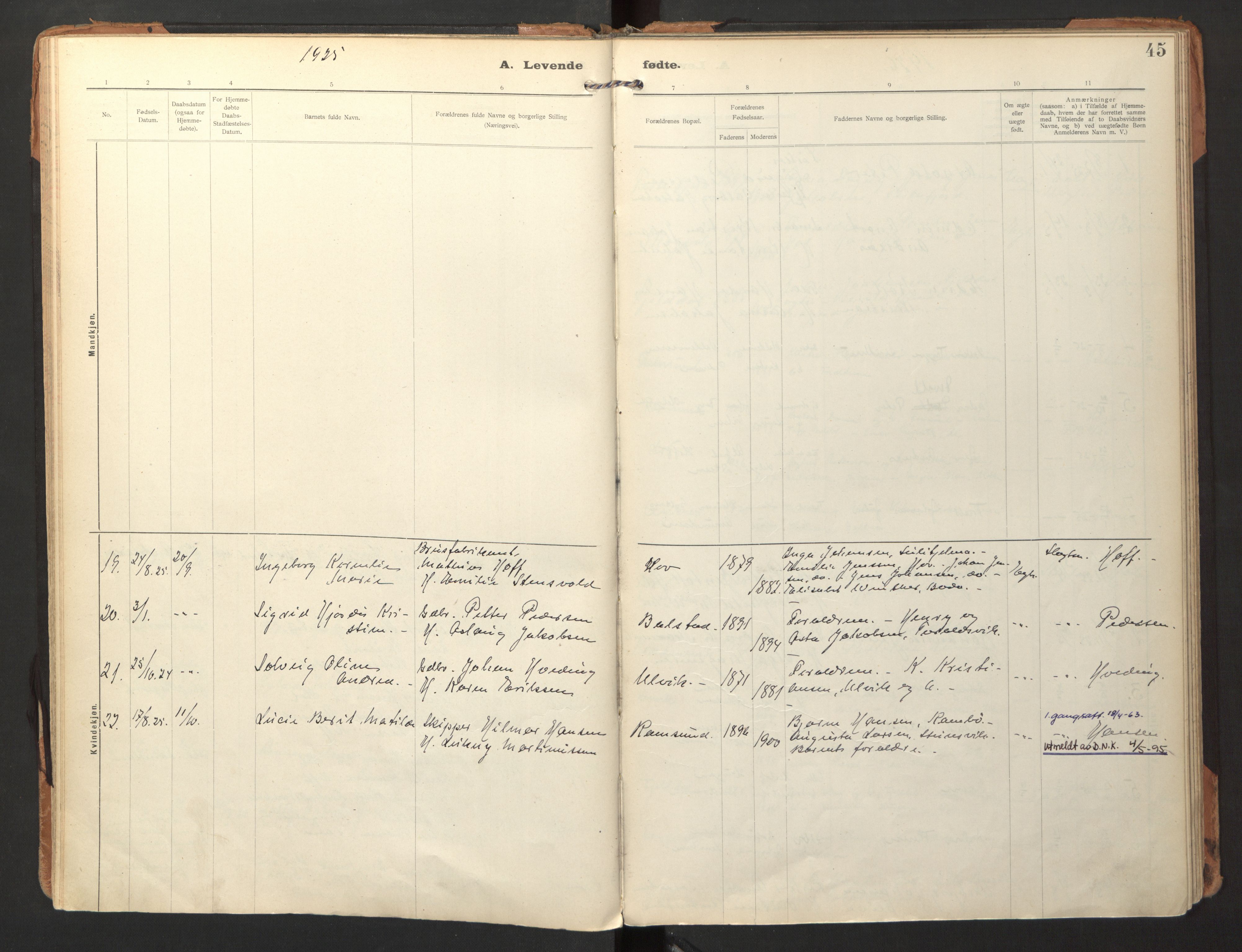 Ministerialprotokoller, klokkerbøker og fødselsregistre - Nordland, AV/SAT-A-1459/865/L0928: Parish register (official) no. 865A06, 1913-1926, p. 45