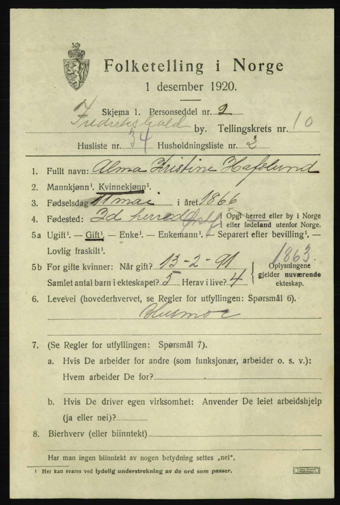 SAO, 1920 census for Fredrikshald, 1920, p. 18495