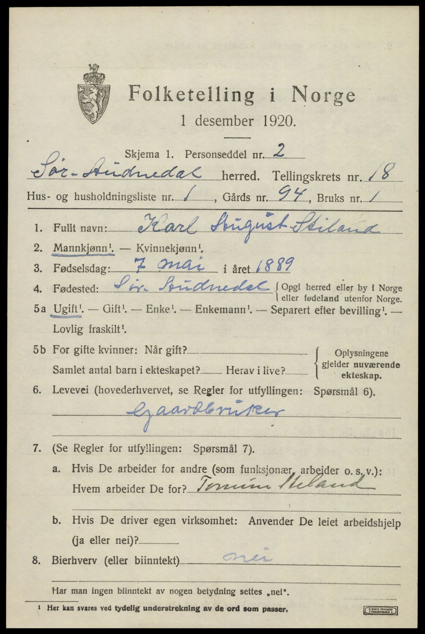 SAK, 1920 census for Sør-Audnedal, 1920, p. 6521