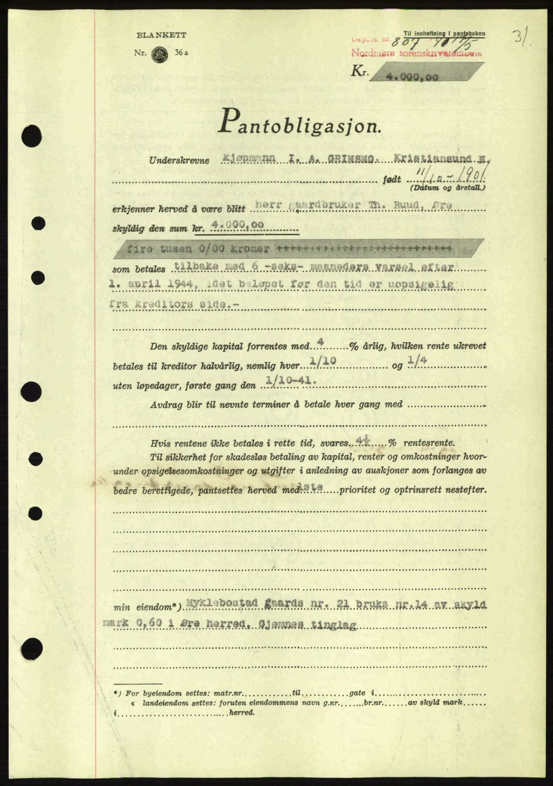 Nordmøre sorenskriveri, AV/SAT-A-4132/1/2/2Ca: Mortgage book no. B88, 1941-1942, Diary no: : 807/1941