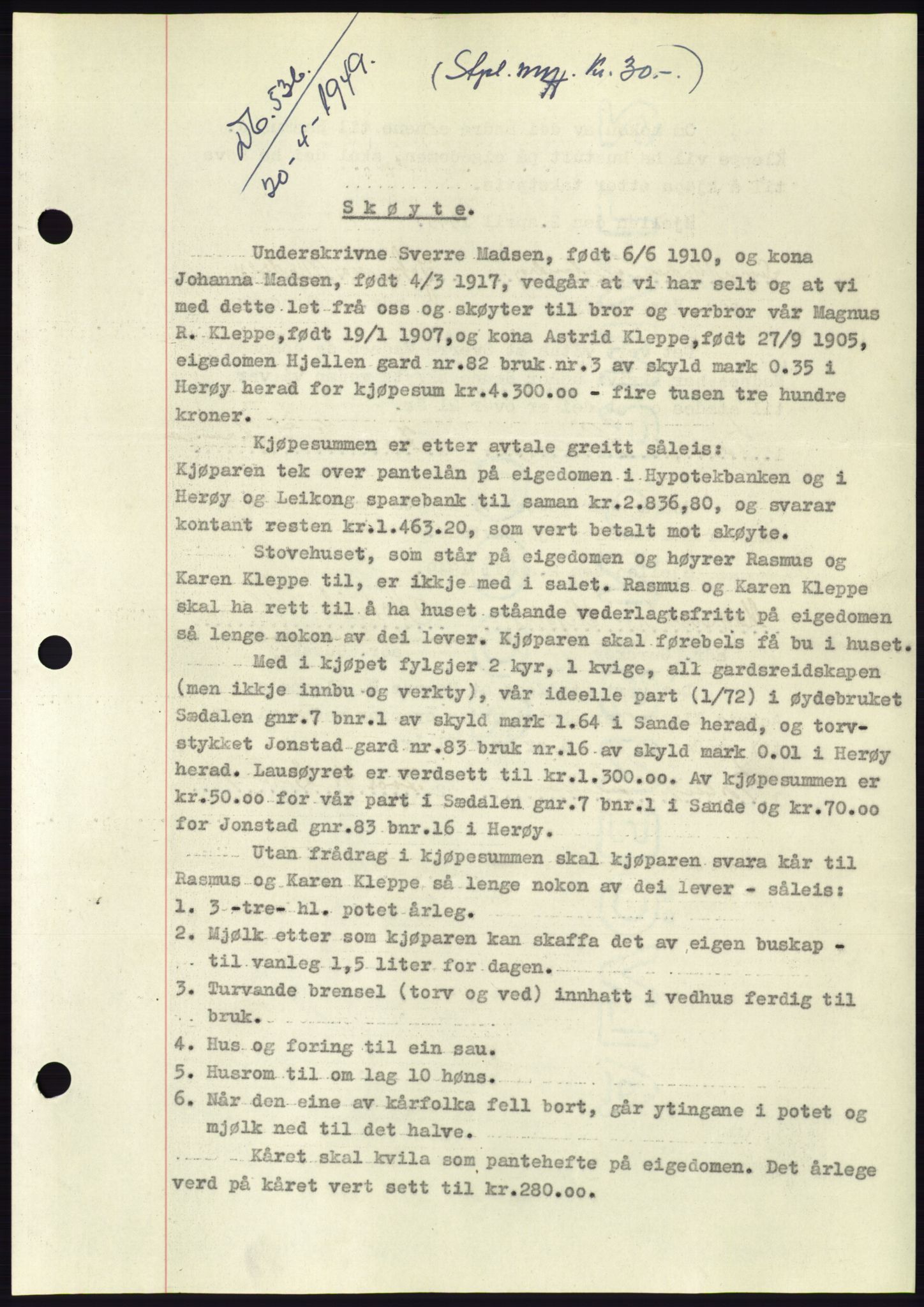 Søre Sunnmøre sorenskriveri, AV/SAT-A-4122/1/2/2C/L0084: Mortgage book no. 10A, 1949-1949, Diary no: : 536/1949