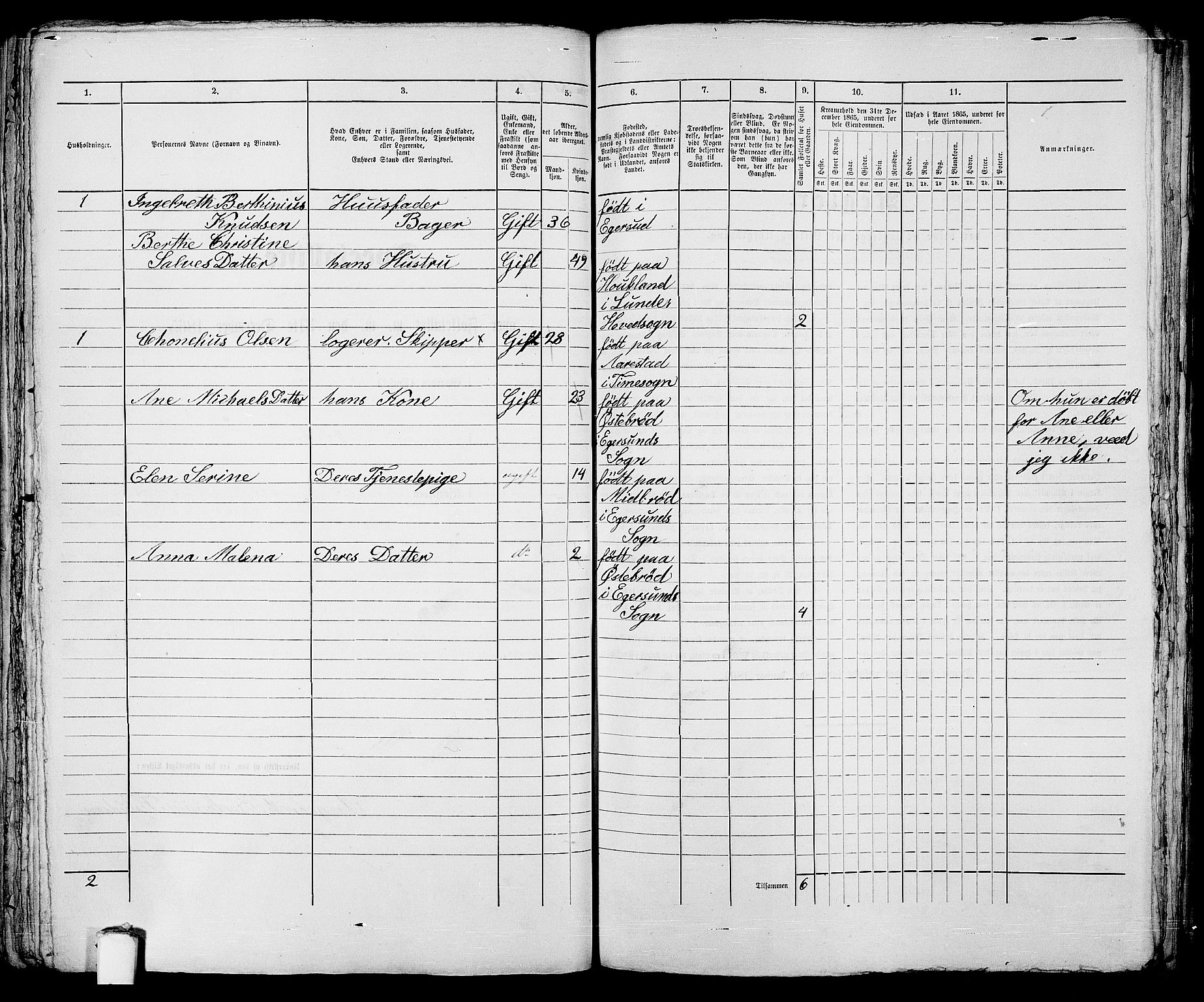 RA, 1865 census for Eigersund parish, Egersund town, 1865, p. 144