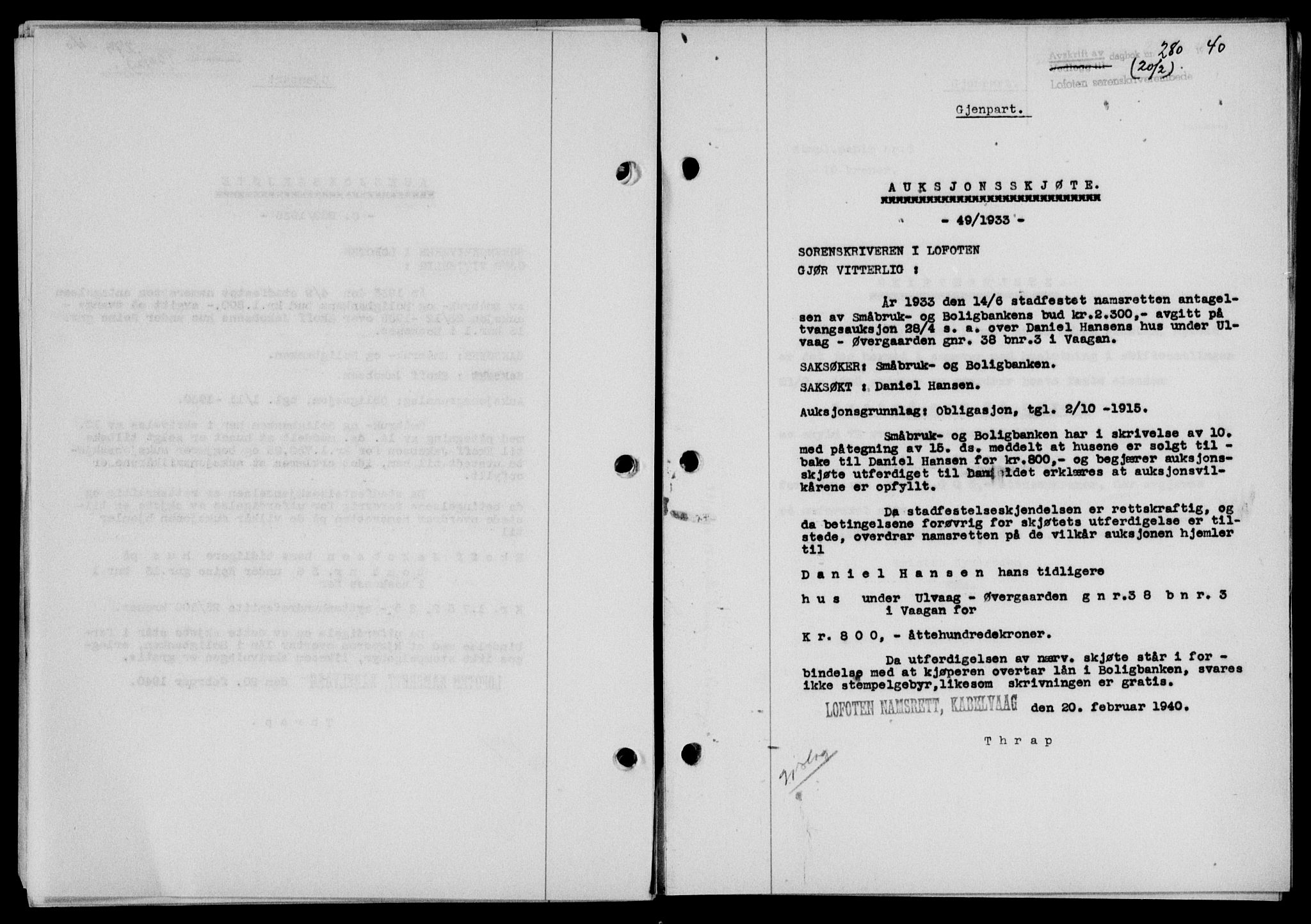 Lofoten sorenskriveri, SAT/A-0017/1/2/2C/L0007a: Mortgage book no. 7a, 1939-1940, Diary no: : 280/1940