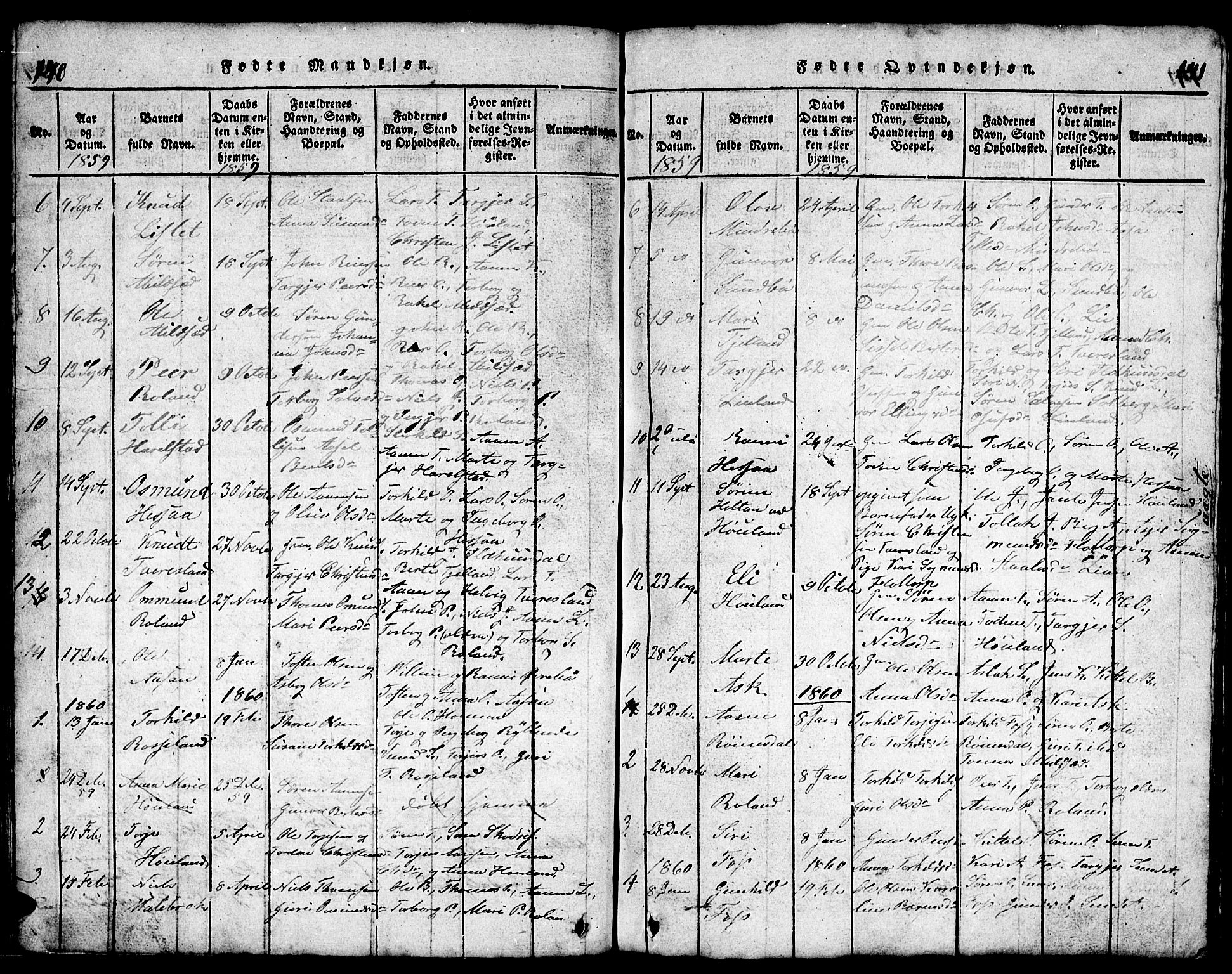 Bjelland sokneprestkontor, SAK/1111-0005/F/Fb/Fba/L0003: Parish register (copy) no. B 3, 1816-1870, p. 140-141