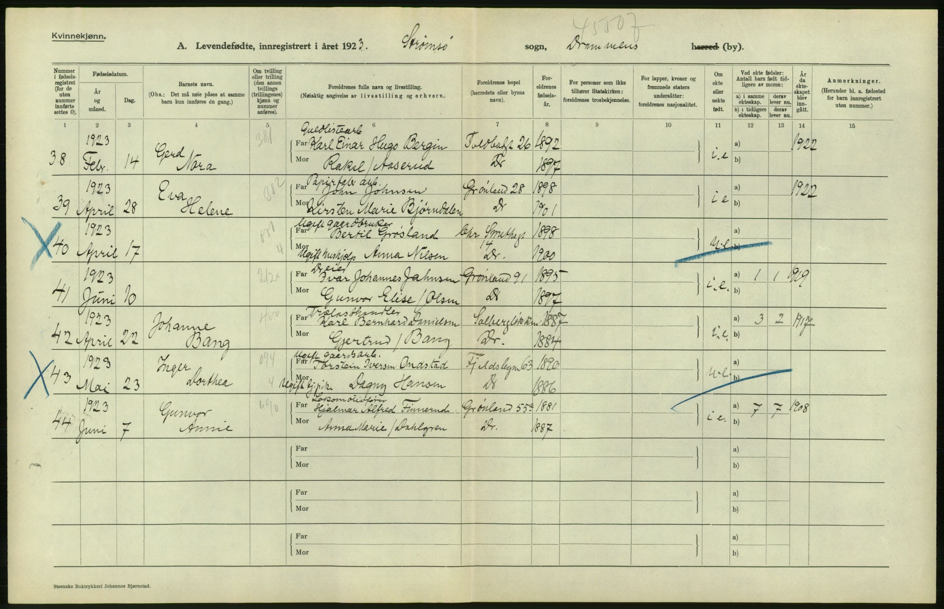 Statistisk sentralbyrå, Sosiodemografiske emner, Befolkning, AV/RA-S-2228/D/Df/Dfc/Dfcc/L0015: Buskerud fylke: Levendefødte menn og kvinner. Bygder og byer., 1923, p. 194