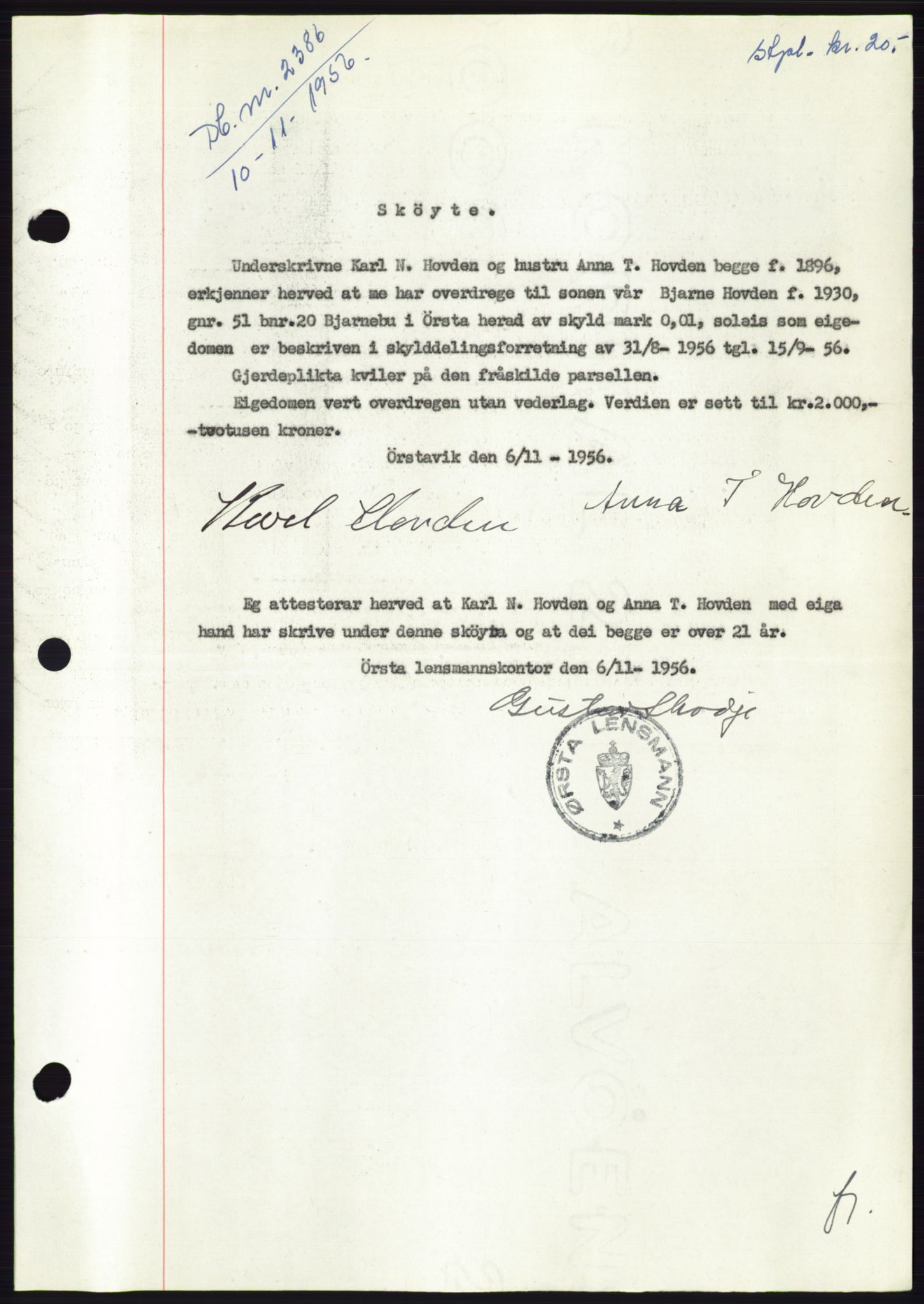 Søre Sunnmøre sorenskriveri, AV/SAT-A-4122/1/2/2C/L0104: Mortgage book no. 30A, 1956-1956, Diary no: : 2386/1956