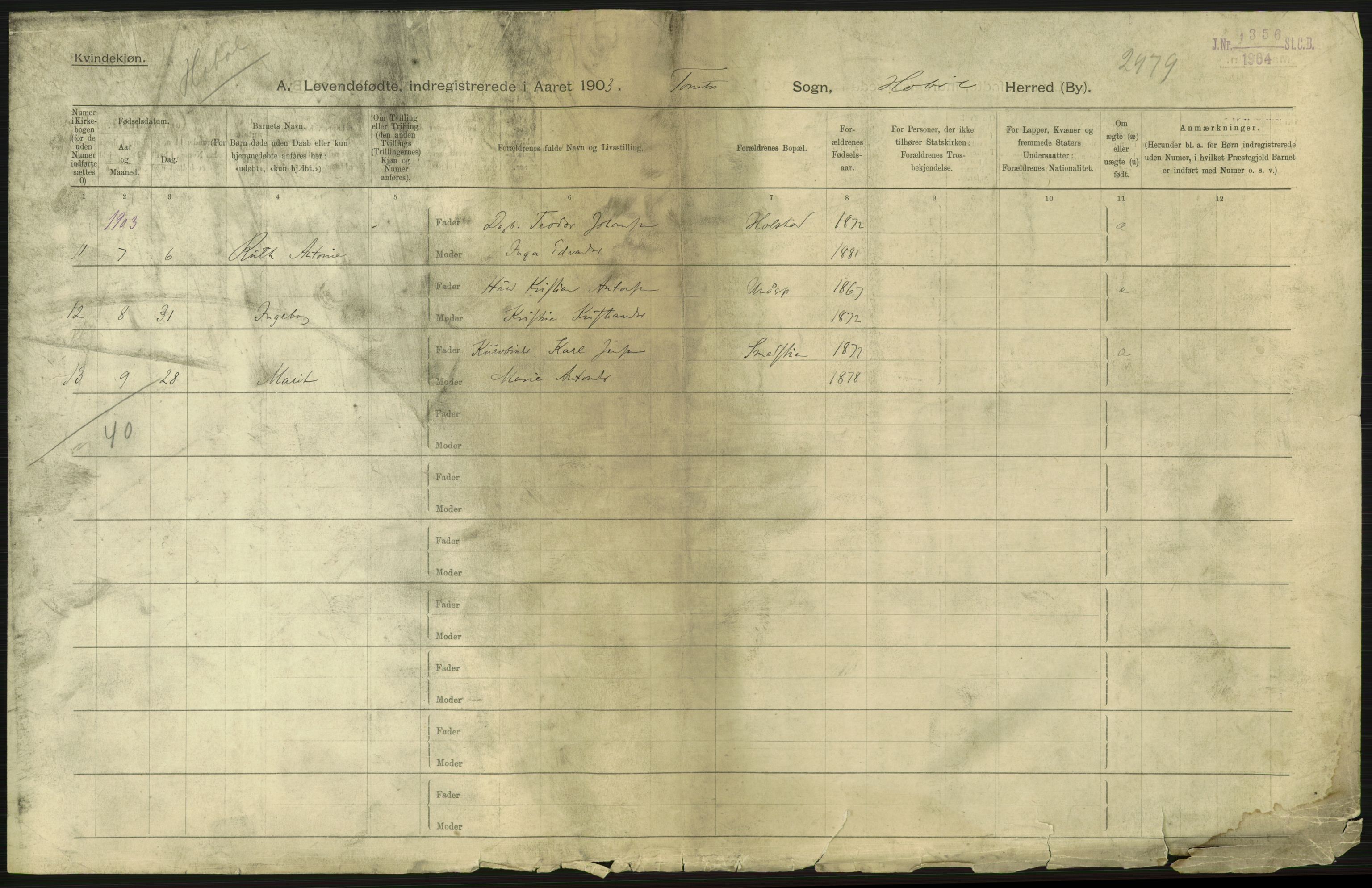 Statistisk sentralbyrå, Sosiodemografiske emner, Befolkning, RA/S-2228/D/Df/Dfa/Dfaa/L0001: Smålenenes amt: Fødte, gifte, døde, 1903, p. 3