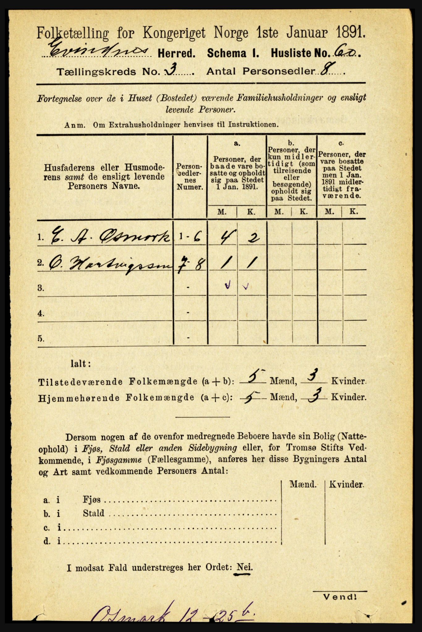 RA, 1891 census for 1853 Evenes, 1891, p. 738