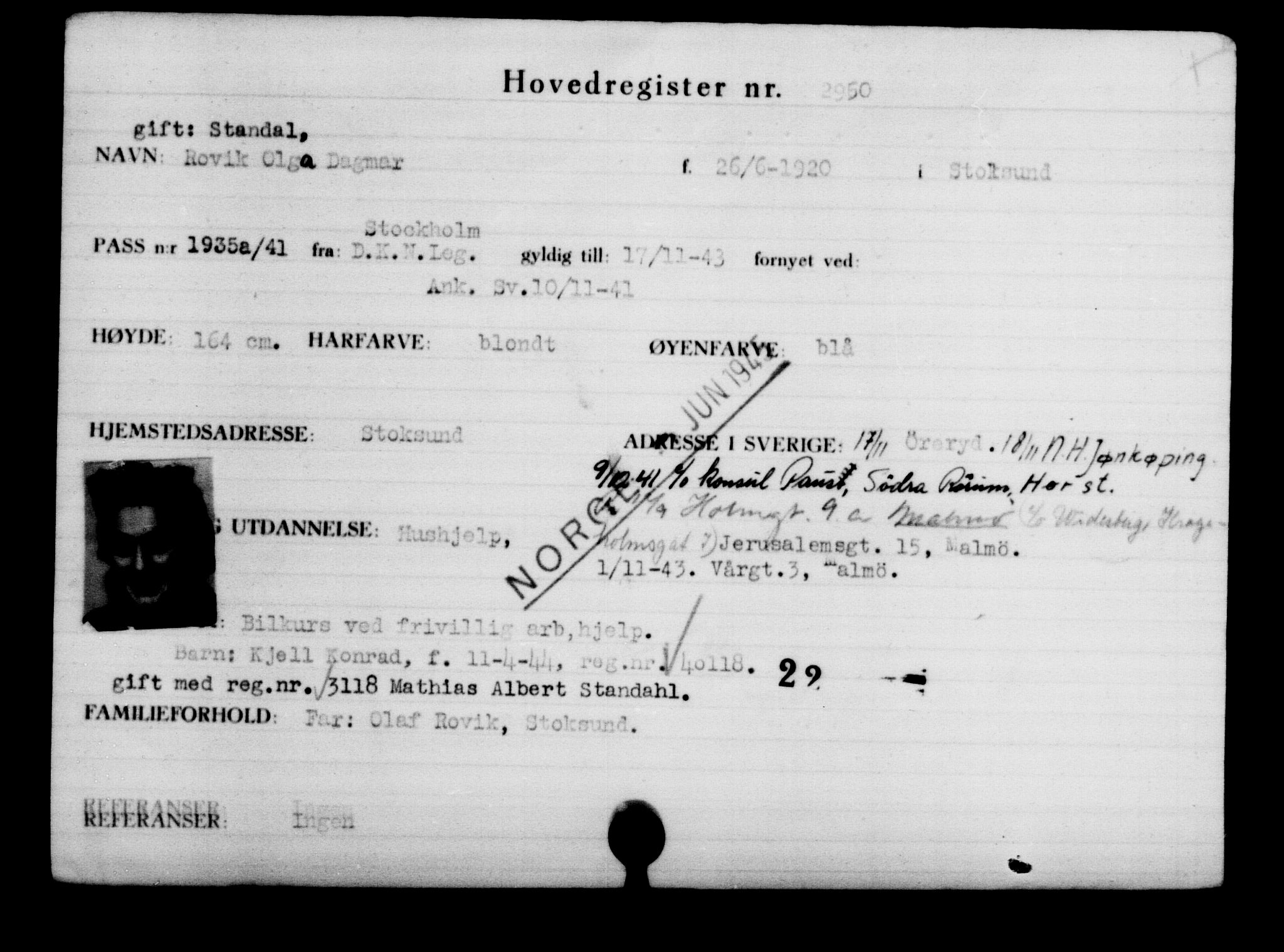 Utenriksstasjonene, Legasjonen i Stockholm, Flyktningkontoret, AV/RA-S-6753/V/Va/L0003: Kjesäterkartoteket, flyktninger med registreringsnr. 2001-3495, 1940-1945, p. 1361