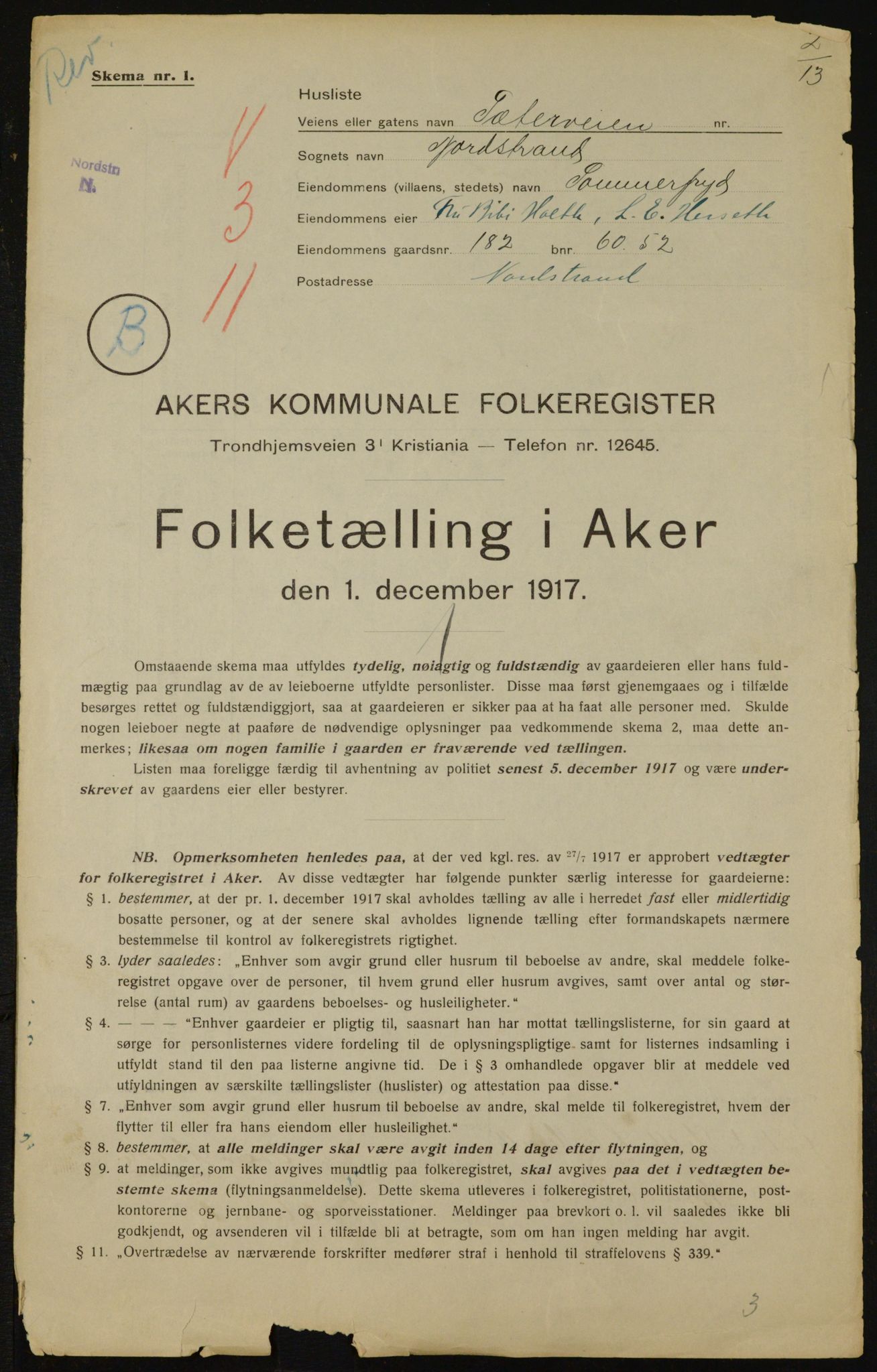 OBA, Municipal Census 1917 for Aker, 1917, p. 18591