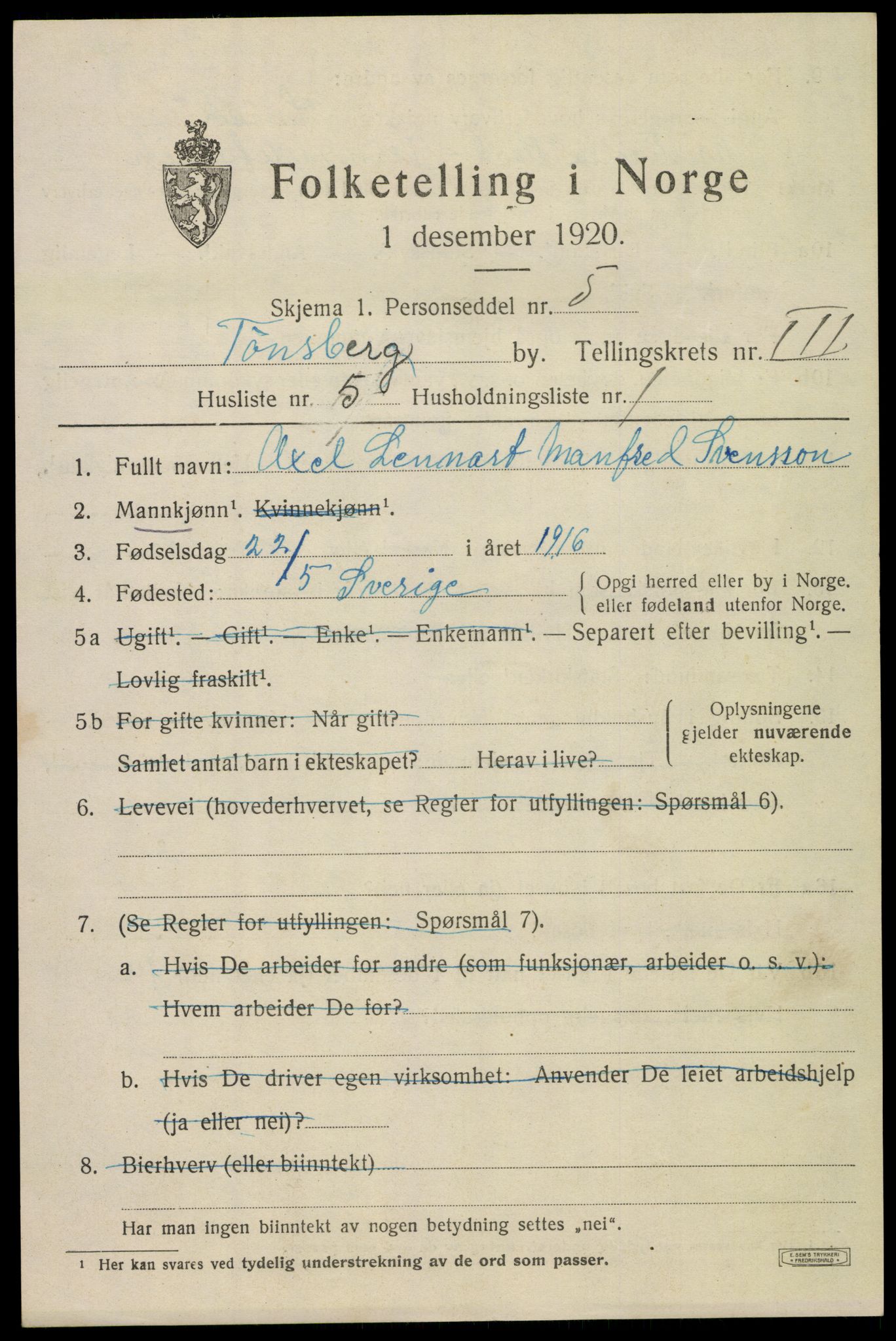 SAKO, 1920 census for Tønsberg, 1920, p. 11043