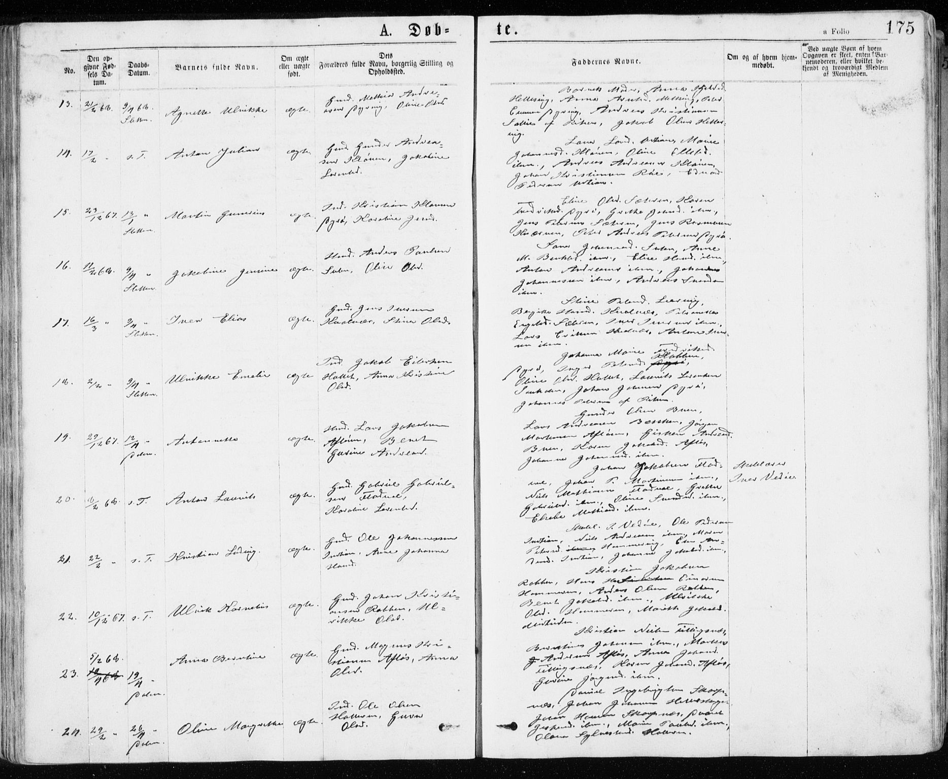 Ministerialprotokoller, klokkerbøker og fødselsregistre - Sør-Trøndelag, SAT/A-1456/640/L0576: Parish register (official) no. 640A01, 1846-1876, p. 175