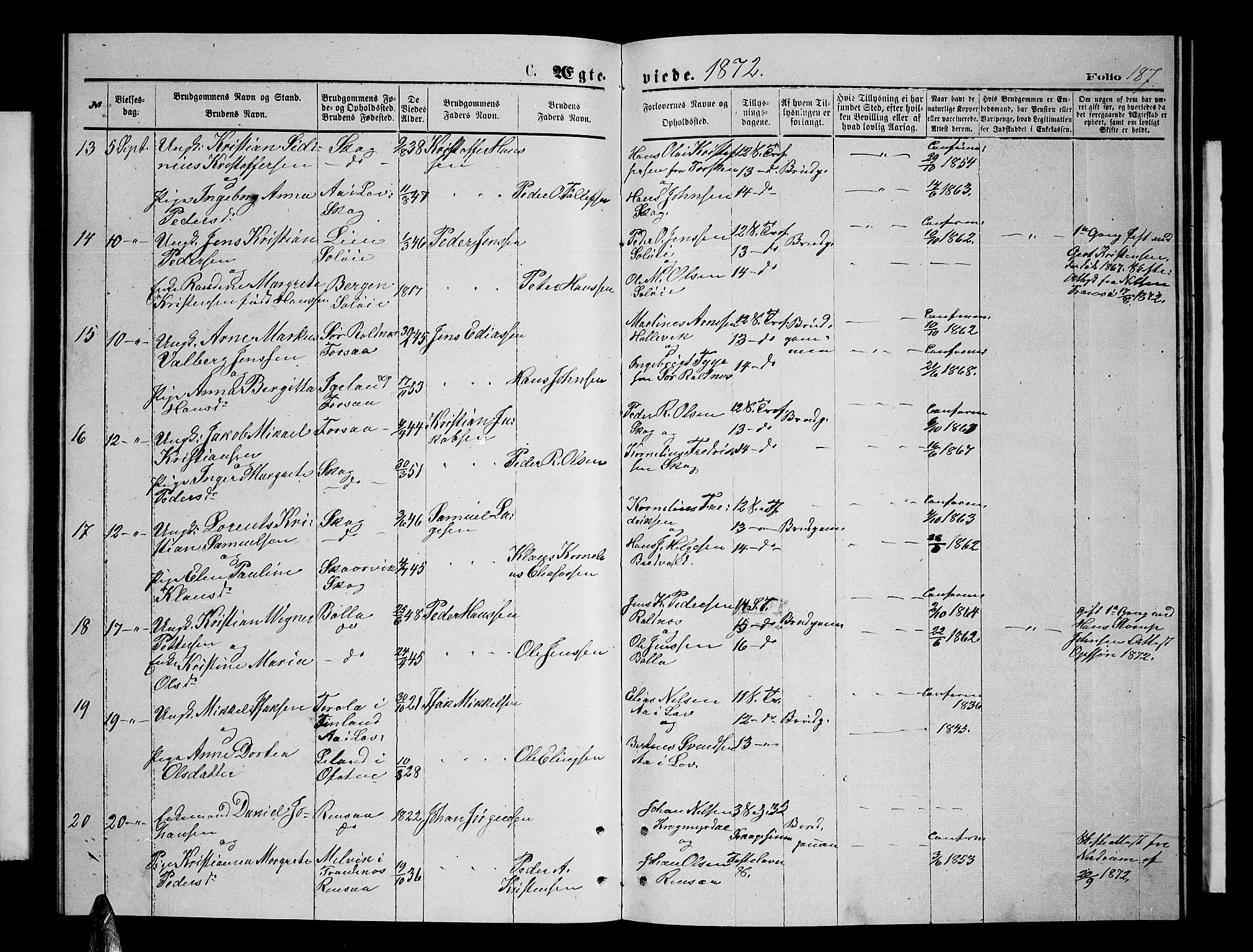 Ibestad sokneprestembete, SATØ/S-0077/H/Ha/Hab/L0006klokker: Parish register (copy) no. 6, 1871-1879, p. 187
