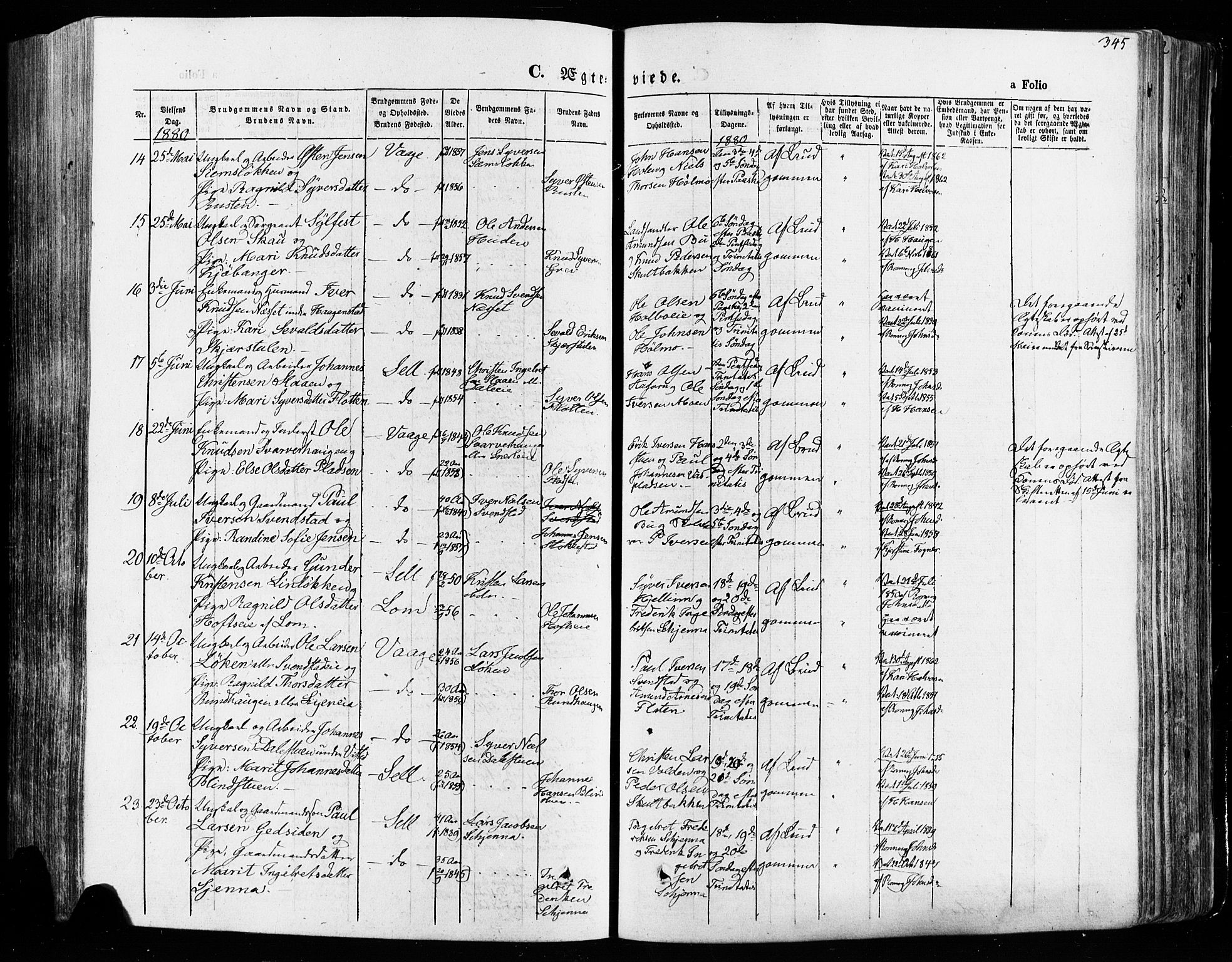 Vågå prestekontor, AV/SAH-PREST-076/H/Ha/Haa/L0007: Parish register (official) no. 7 /1, 1872-1886, p. 345