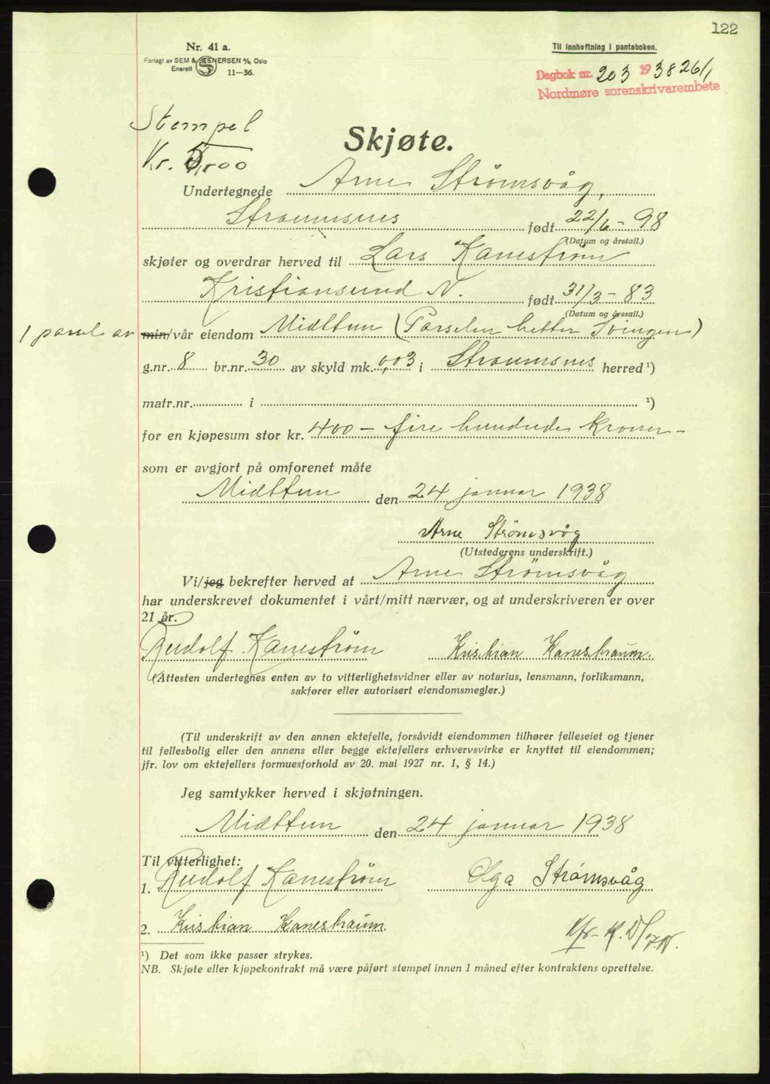 Nordmøre sorenskriveri, AV/SAT-A-4132/1/2/2Ca: Mortgage book no. A83, 1938-1938, Diary no: : 203/1938