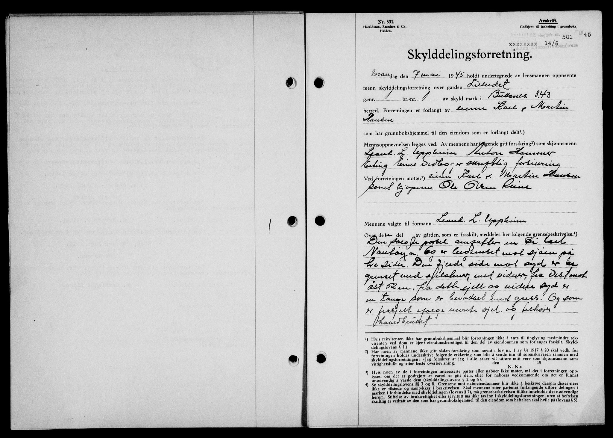 Lofoten sorenskriveri, SAT/A-0017/1/2/2C/L0013a: Mortgage book no. 13a, 1944-1946, Diary no: : 501/1945