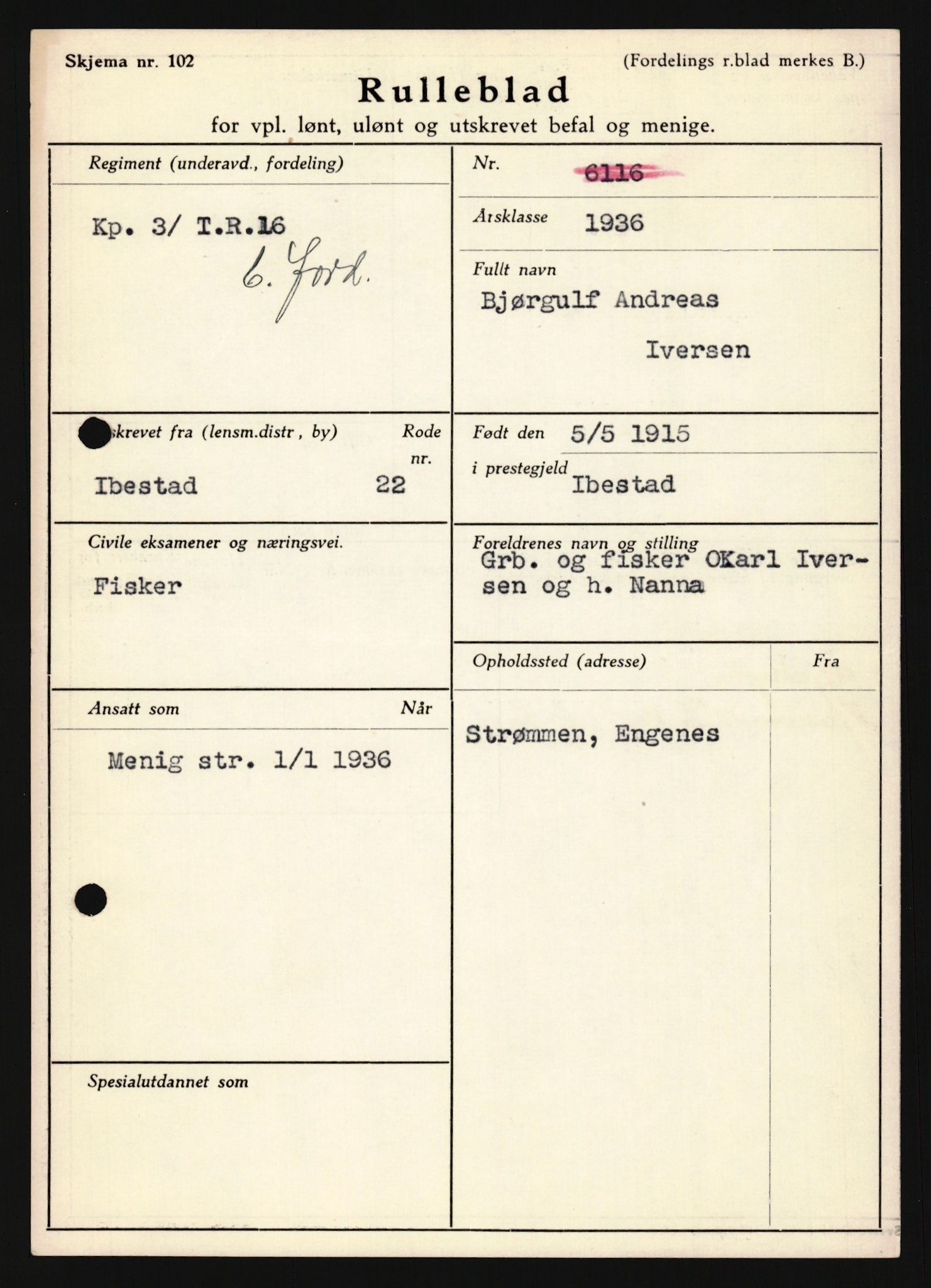 Forsvaret, Troms infanteriregiment nr. 16, AV/RA-RAFA-3146/P/Pa/L0020: Rulleblad for regimentets menige mannskaper, årsklasse 1936, 1936, p. 517