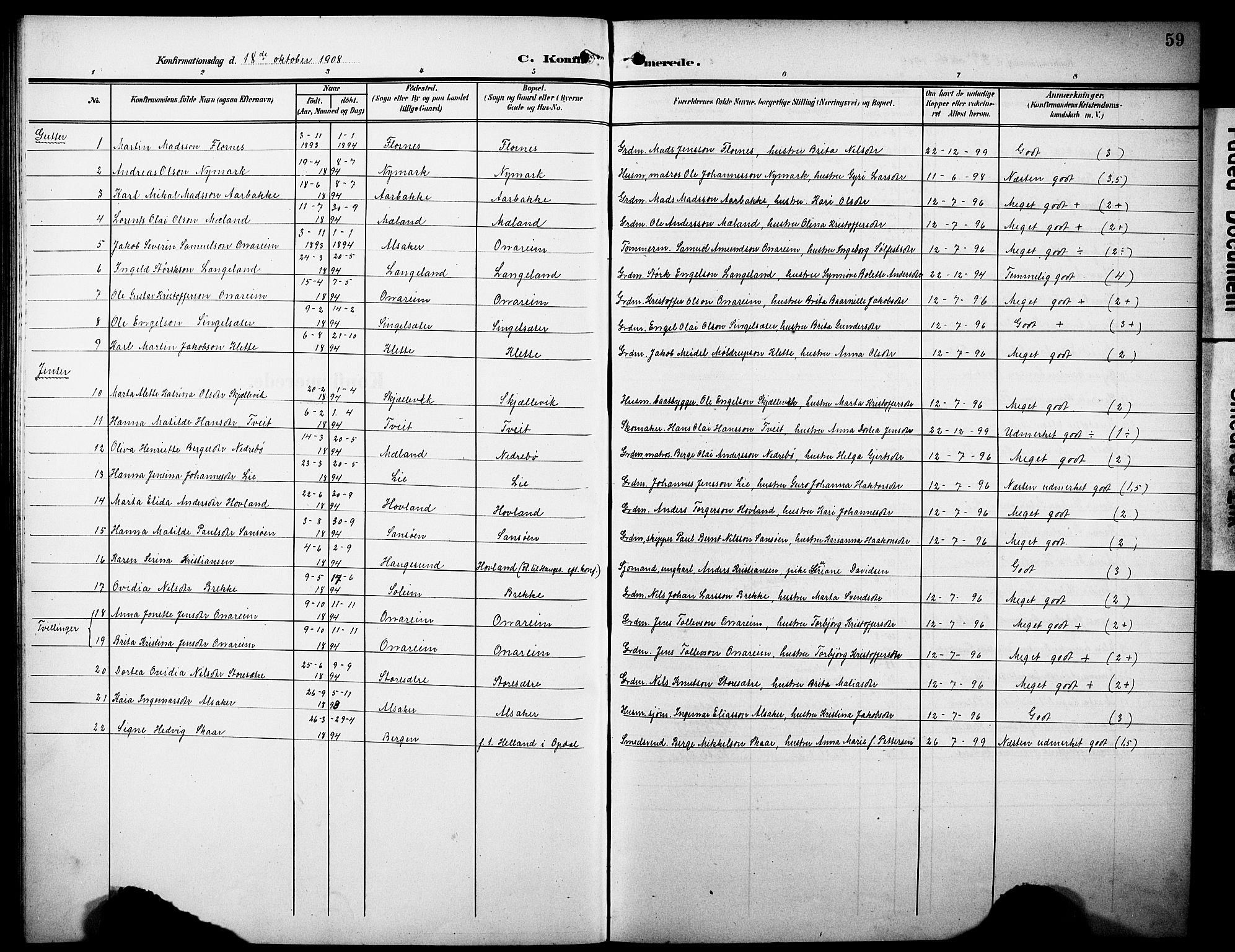 Tysnes sokneprestembete, SAB/A-78601/H/Hab: Parish register (copy) no. C 3, 1908-1924, p. 59