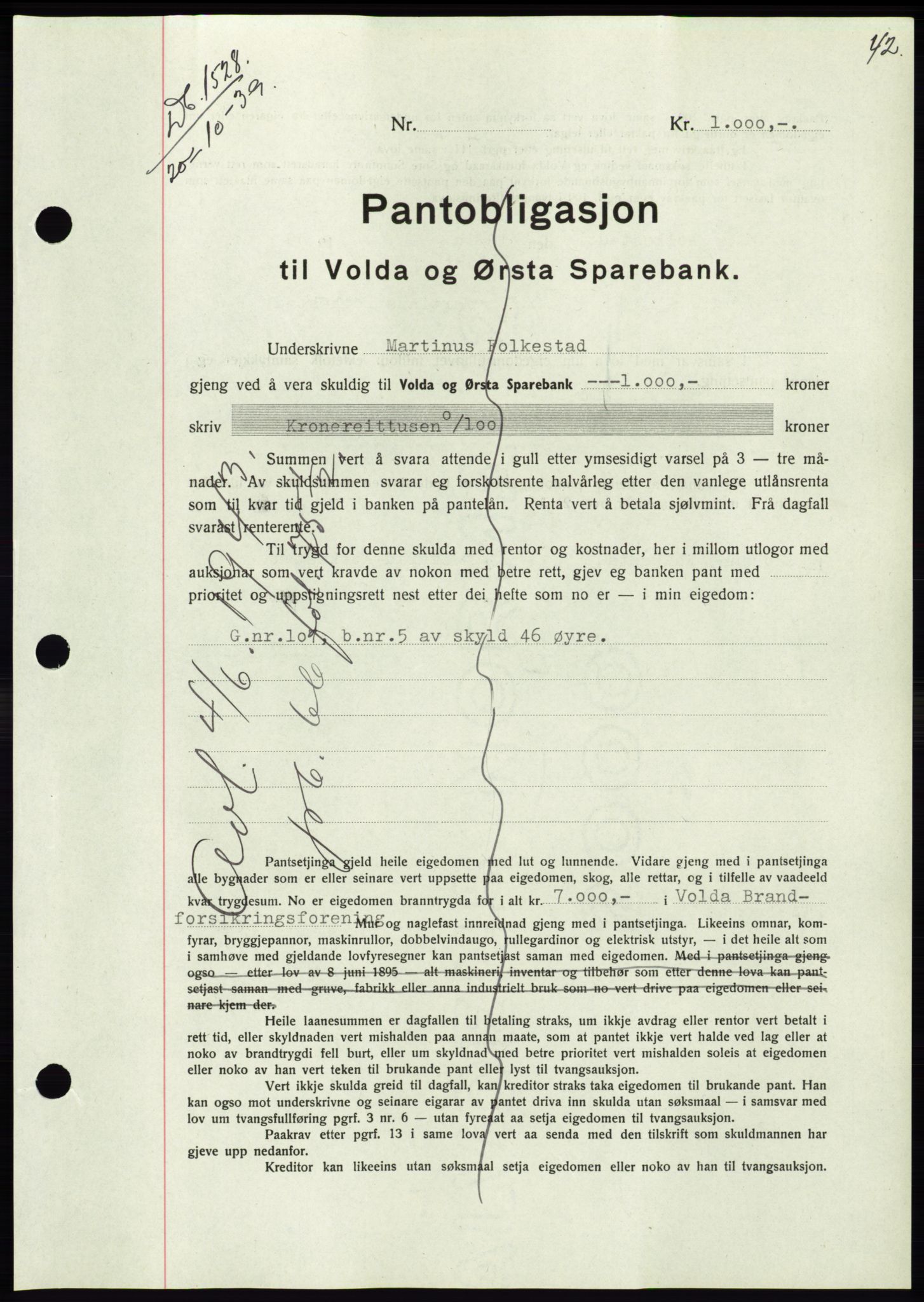 Søre Sunnmøre sorenskriveri, AV/SAT-A-4122/1/2/2C/L0069: Mortgage book no. 63, 1939-1940, Diary no: : 1528/1939