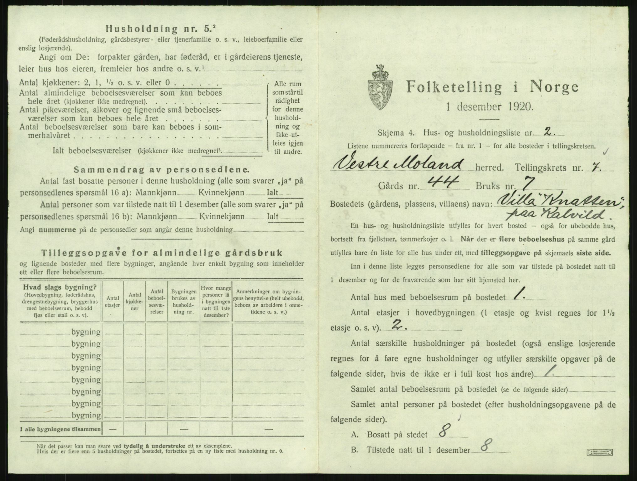 SAK, 1920 census for Vestre Moland, 1920, p. 869