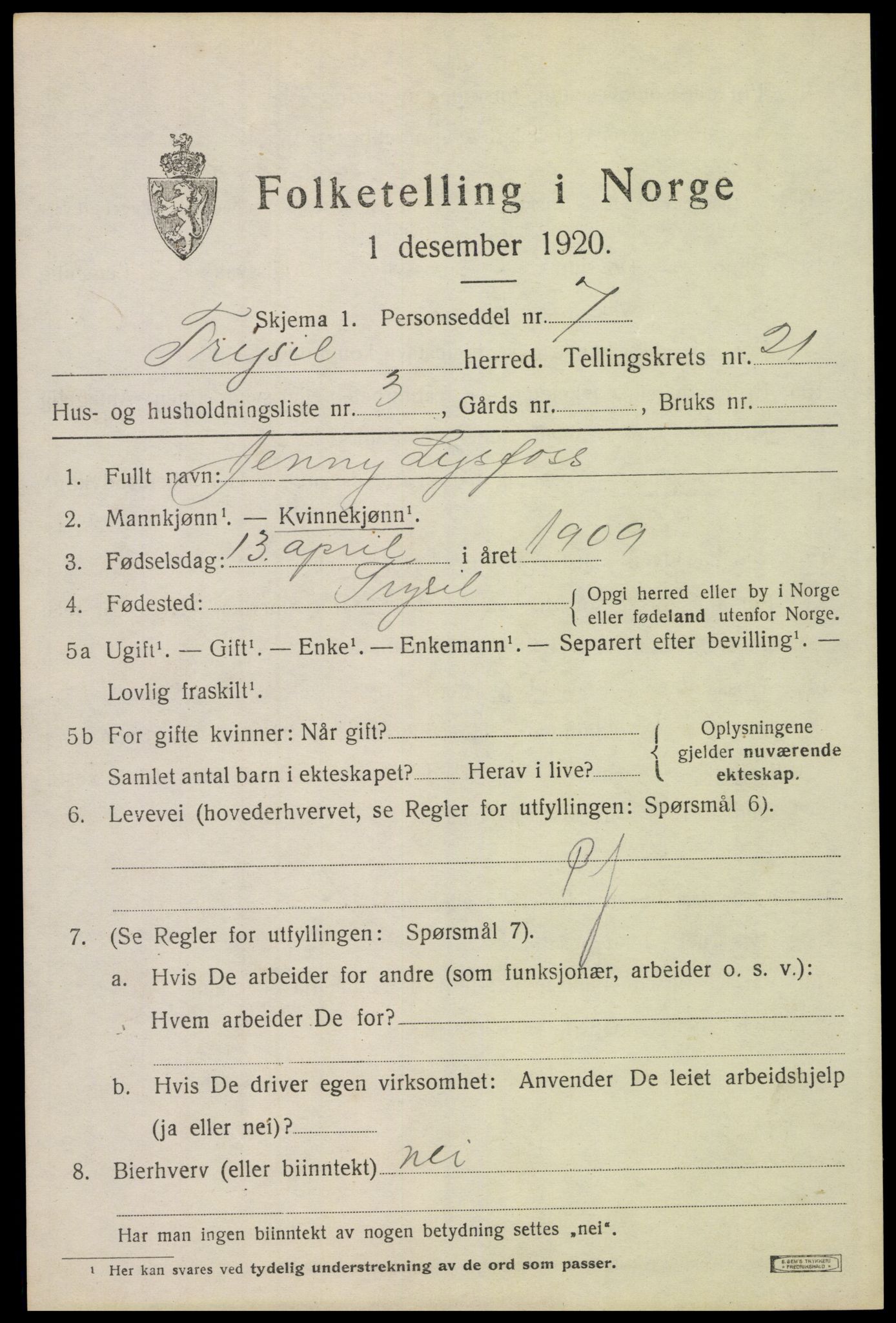 SAH, 1920 census for Trysil, 1920, p. 13782