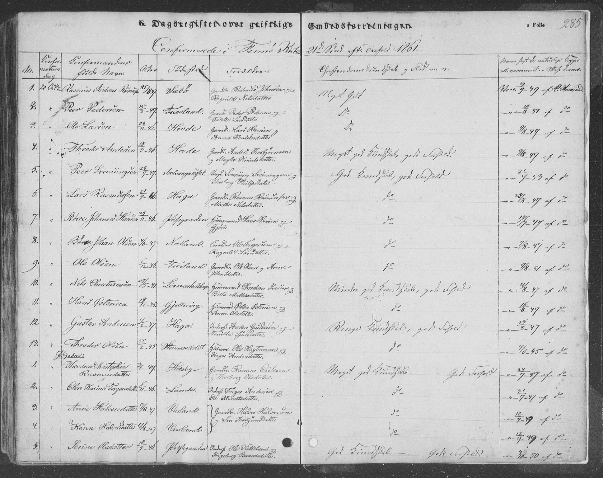 Finnøy sokneprestkontor, SAST/A-101825/H/Ha/Haa/L0007: Parish register (official) no. A 7, 1847-1862, p. 285