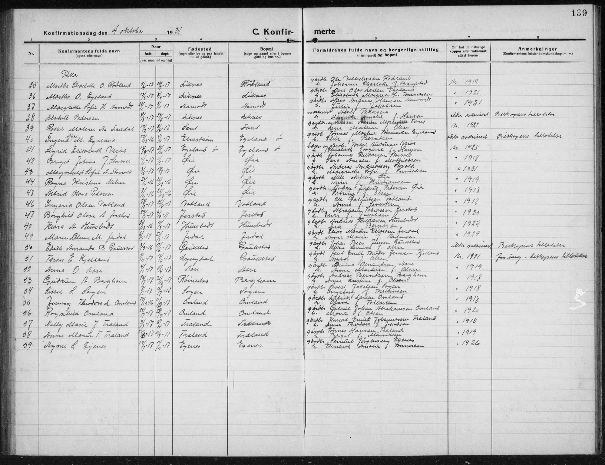 Kvinesdal sokneprestkontor, SAK/1111-0026/F/Fb/Fbb/L0004: Parish register (copy) no. B 4, 1917-1938, p. 139