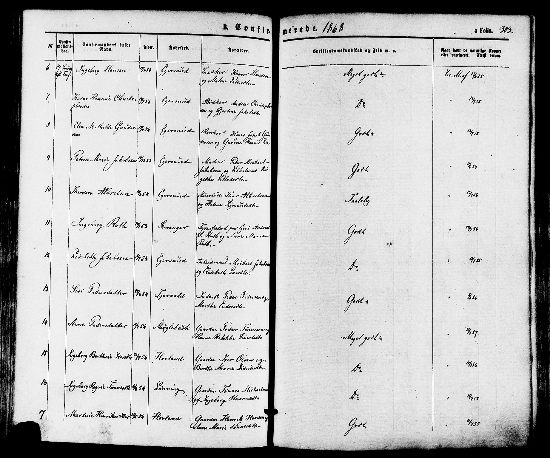 Eigersund sokneprestkontor, AV/SAST-A-101807/S08/L0014: Parish register (official) no. A 13, 1866-1878, p. 303