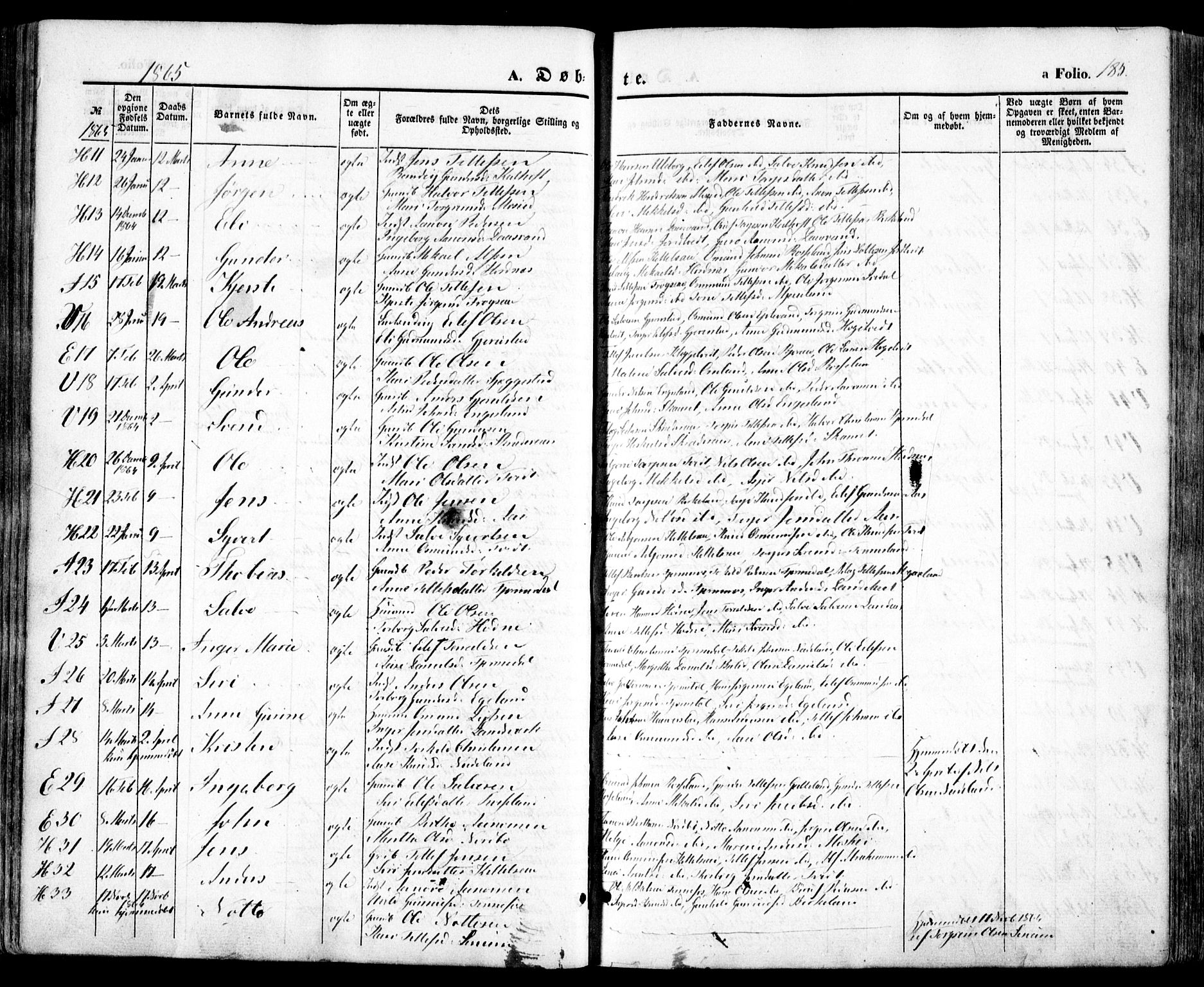 Evje sokneprestkontor, AV/SAK-1111-0008/F/Fa/Faa/L0005: Parish register (official) no. A 5, 1843-1865, p. 185