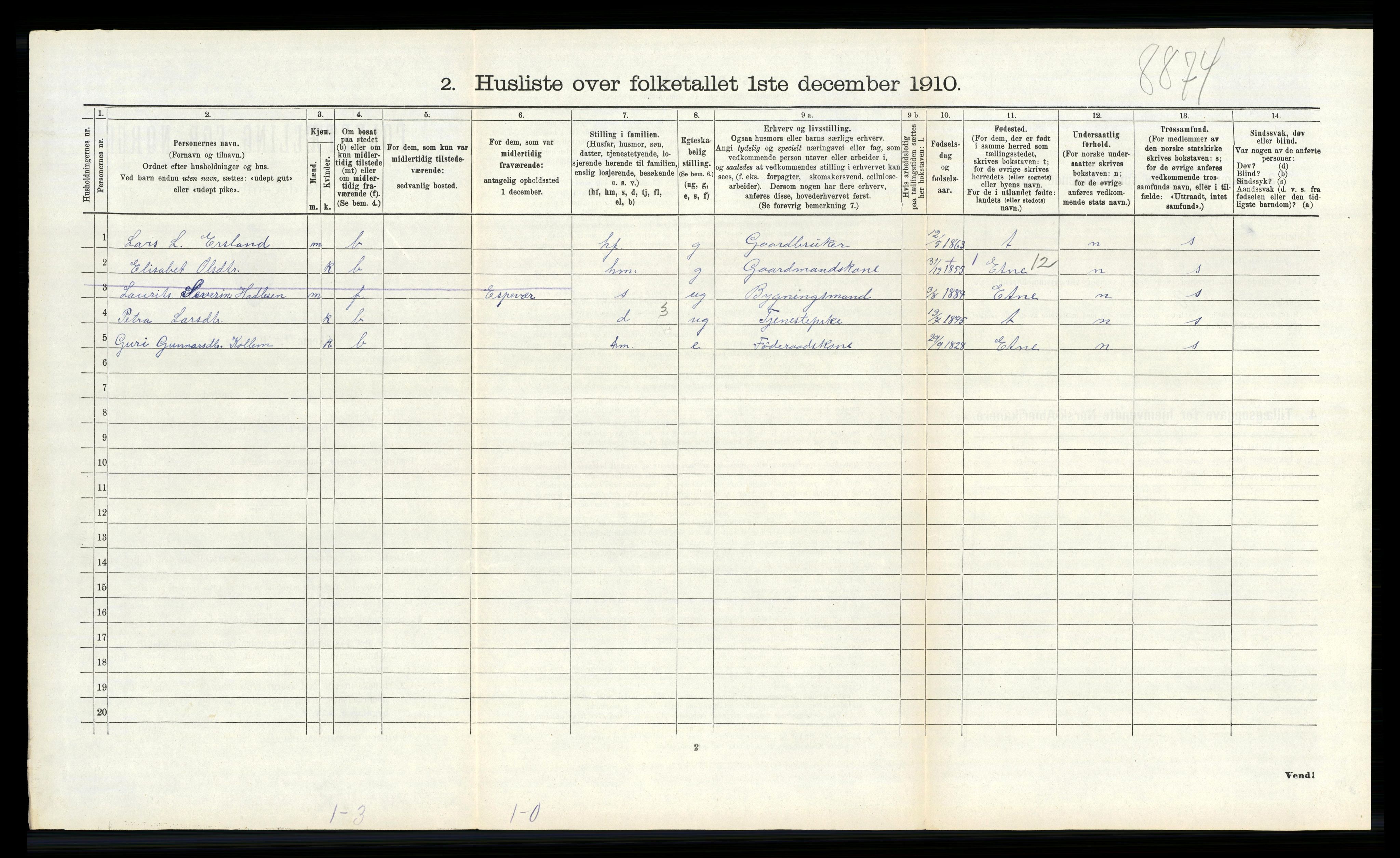 RA, 1910 census for Finnås, 1910, p. 1001