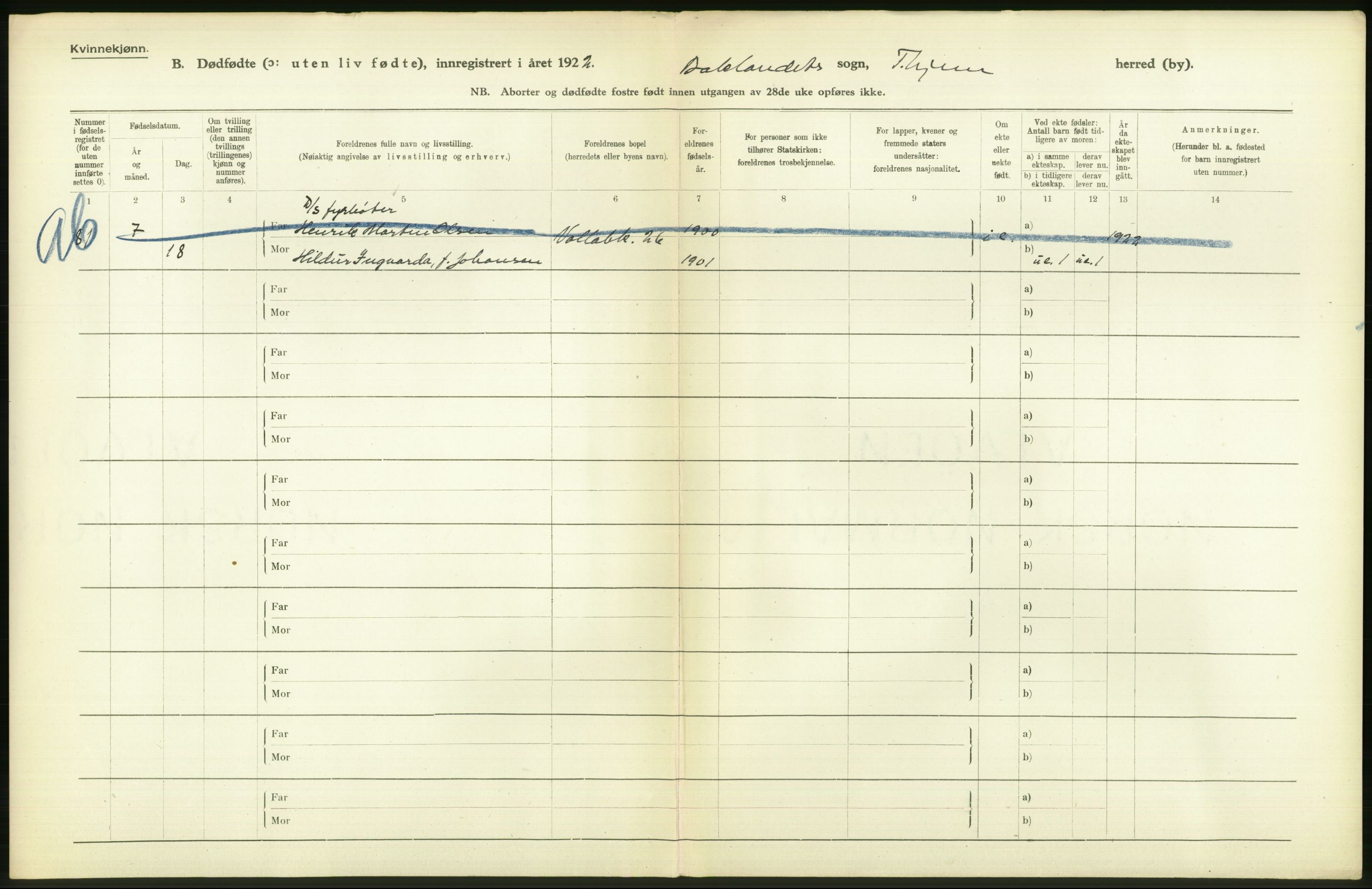 Statistisk sentralbyrå, Sosiodemografiske emner, Befolkning, AV/RA-S-2228/D/Df/Dfc/Dfcb/L0040: Trondheim: Gifte, døde, dødfødte., 1922, p. 492