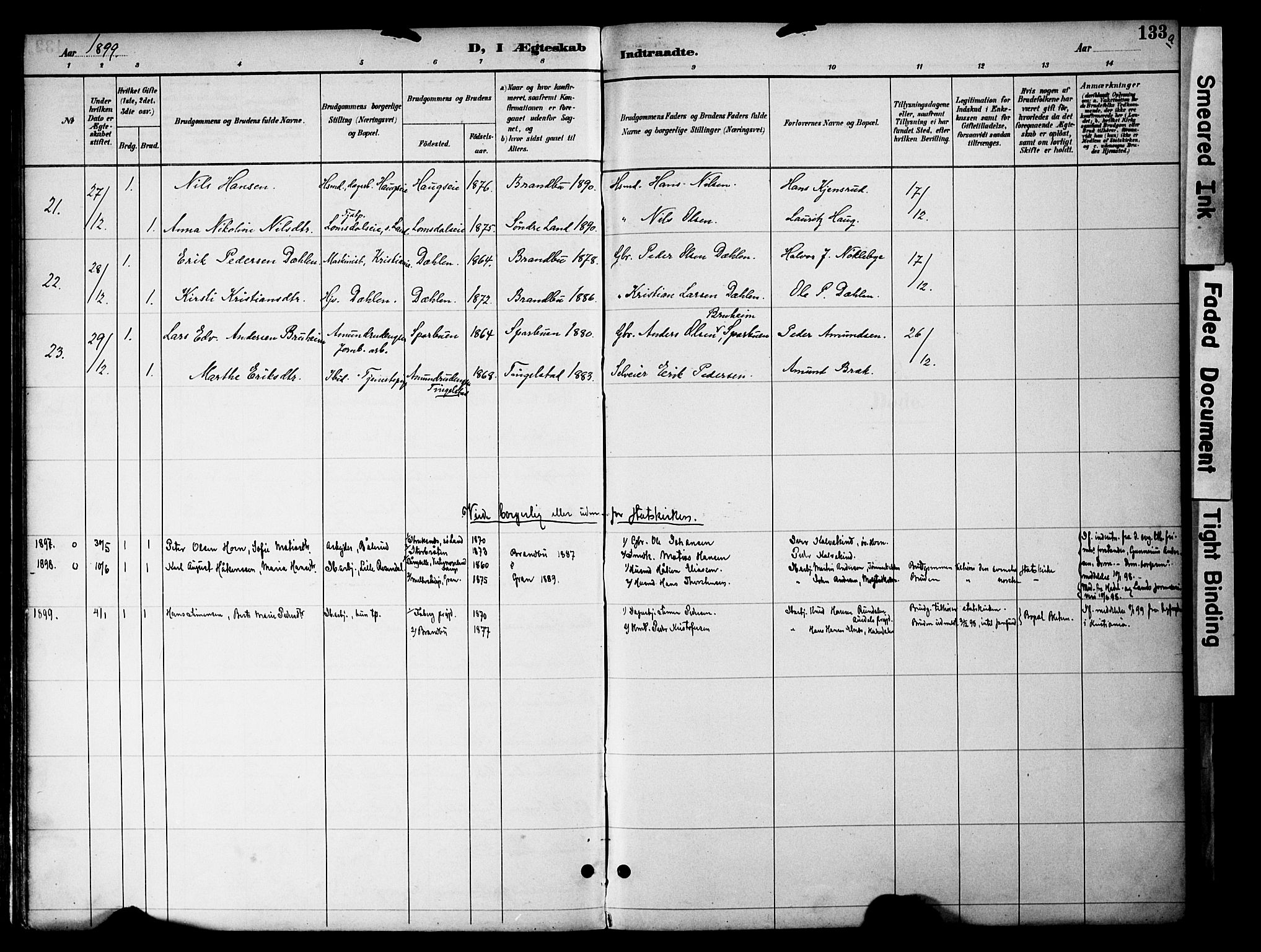Gran prestekontor, SAH/PREST-112/H/Ha/Haa/L0020: Parish register (official) no. 20, 1889-1899, p. 133