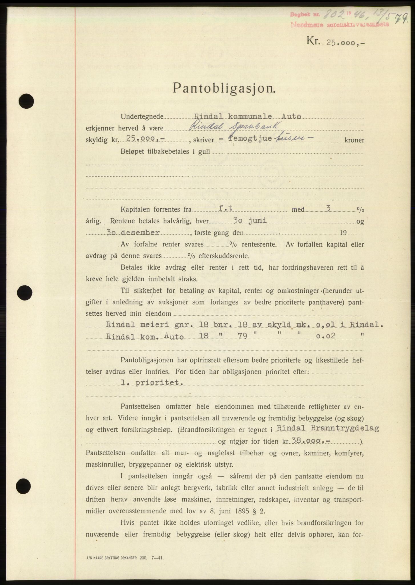 Nordmøre sorenskriveri, AV/SAT-A-4132/1/2/2Ca: Mortgage book no. B94, 1946-1946, Diary no: : 802/1946