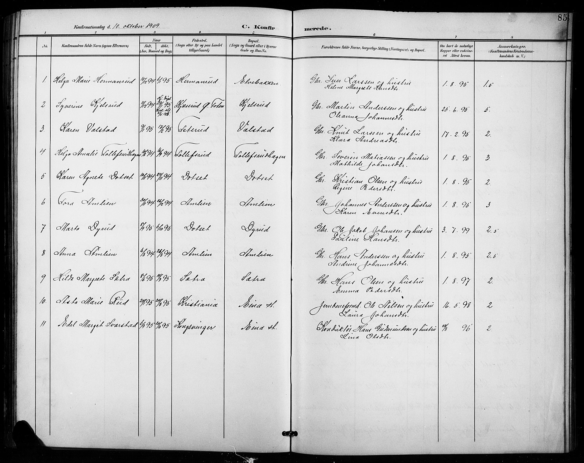 Vestre Toten prestekontor, SAH/PREST-108/H/Ha/Hab/L0016: Parish register (copy) no. 16, 1901-1915, p. 85