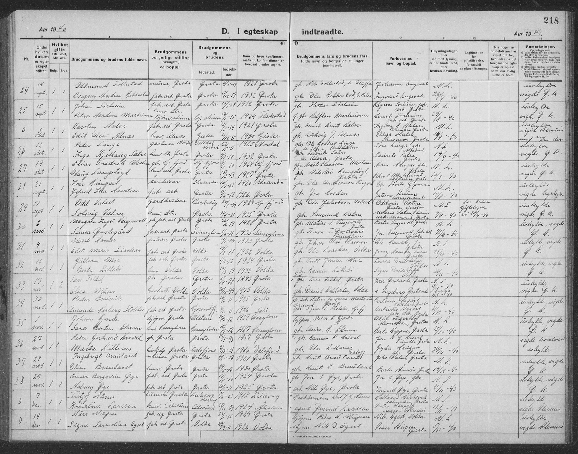 Ministerialprotokoller, klokkerbøker og fødselsregistre - Møre og Romsdal, SAT/A-1454/513/L0191: Parish register (copy) no. 513C05, 1920-1941, p. 218