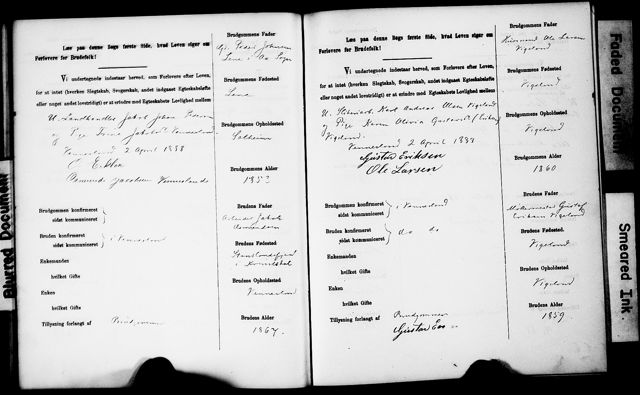 Vennesla sokneprestkontor, SAK/1111-0045/J/L0032/0003: Banns register no. II 5 1, 1886-1892, p. 20