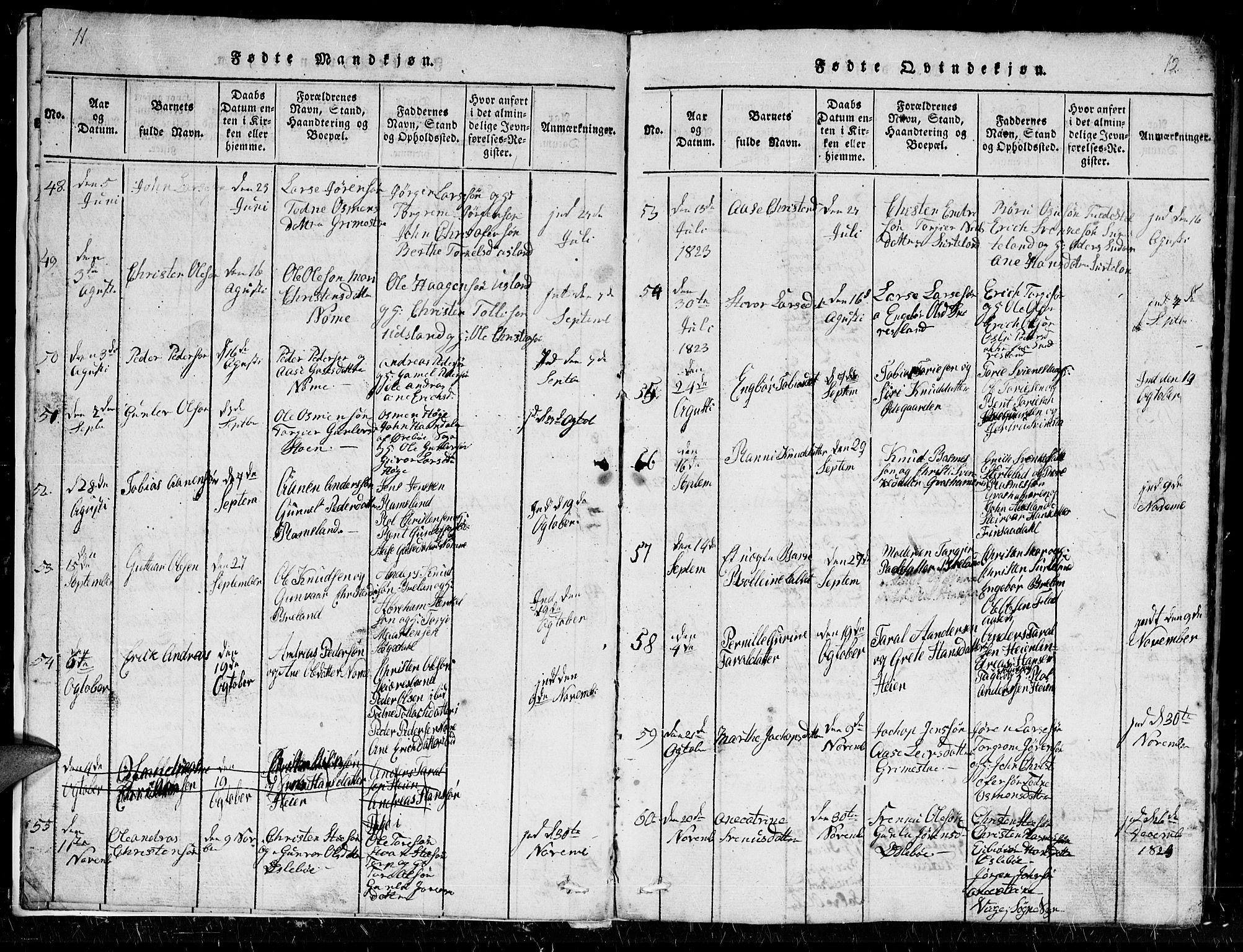 Holum sokneprestkontor, AV/SAK-1111-0022/F/Fb/Fbc/L0001: Parish register (copy) no. B 1, 1820-1859, p. 11-12