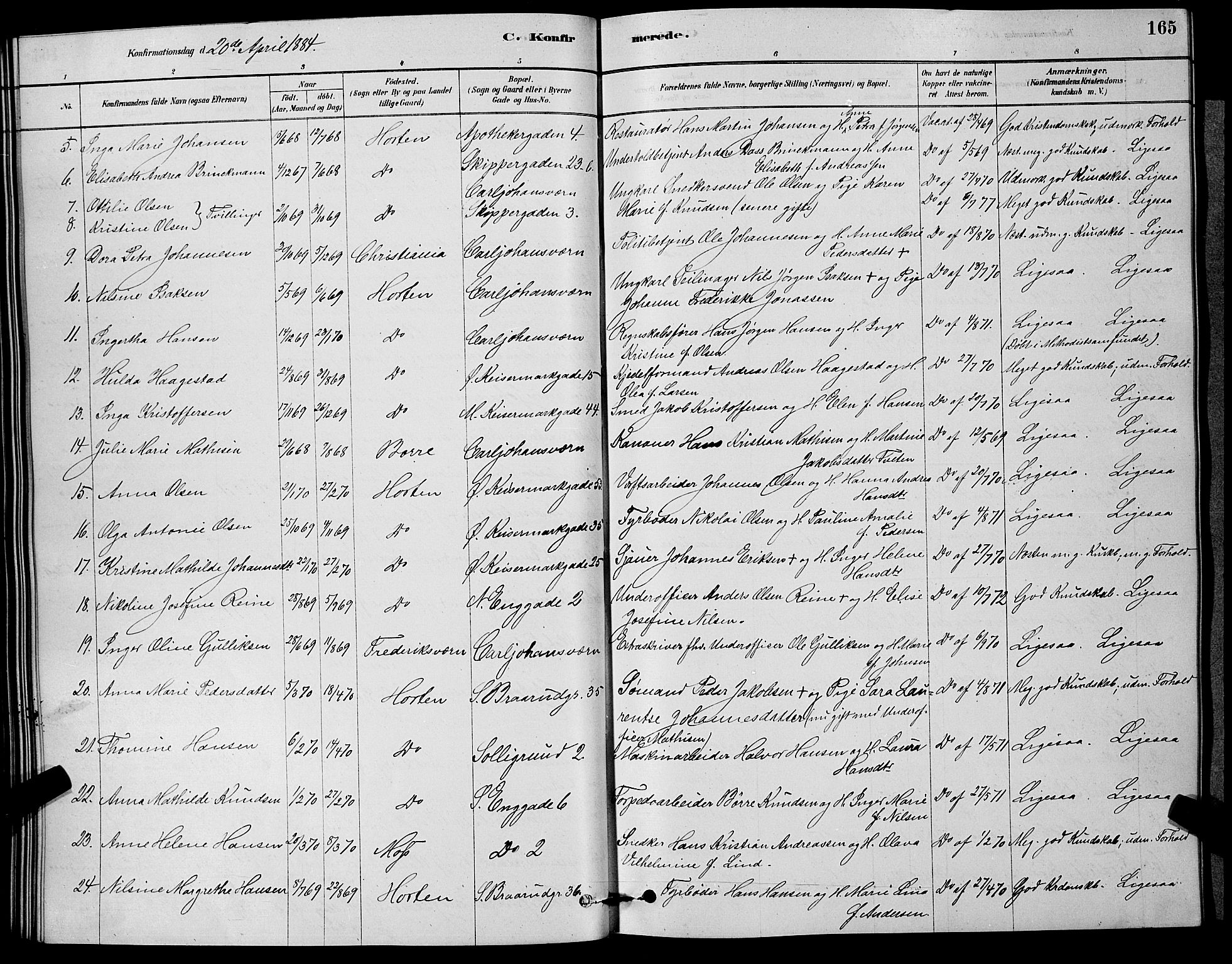 Horten kirkebøker, SAKO/A-348/G/Ga/L0003: Parish register (copy) no. 4, 1878-1887, p. 165