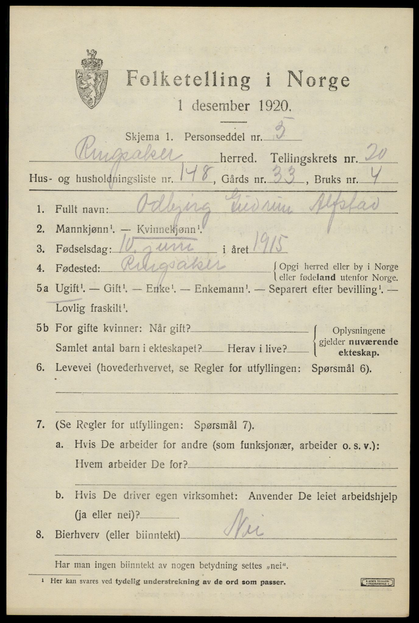 SAH, 1920 census for Ringsaker, 1920, p. 28592